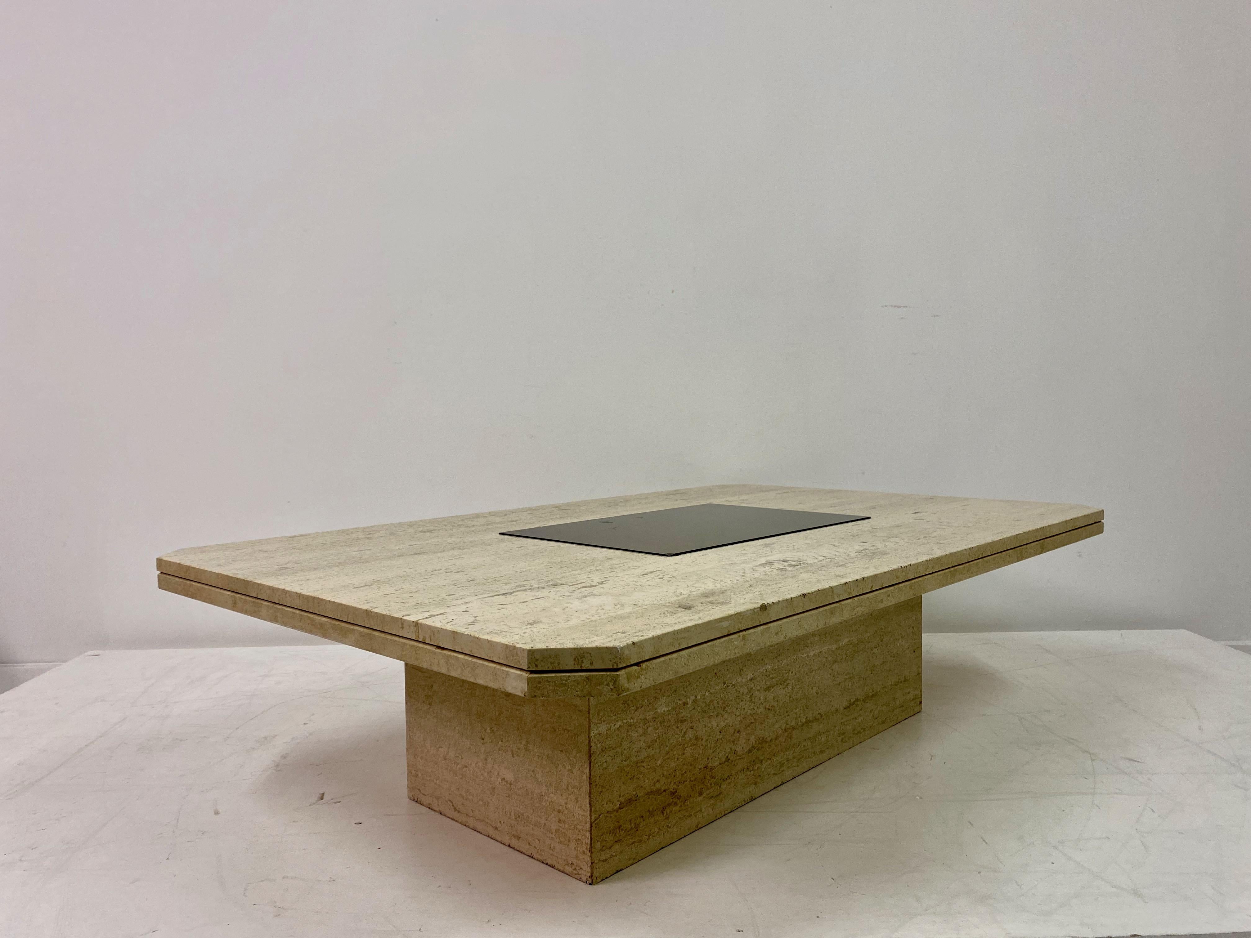 1970s Travertine and Brass Coffee Table For Sale 2