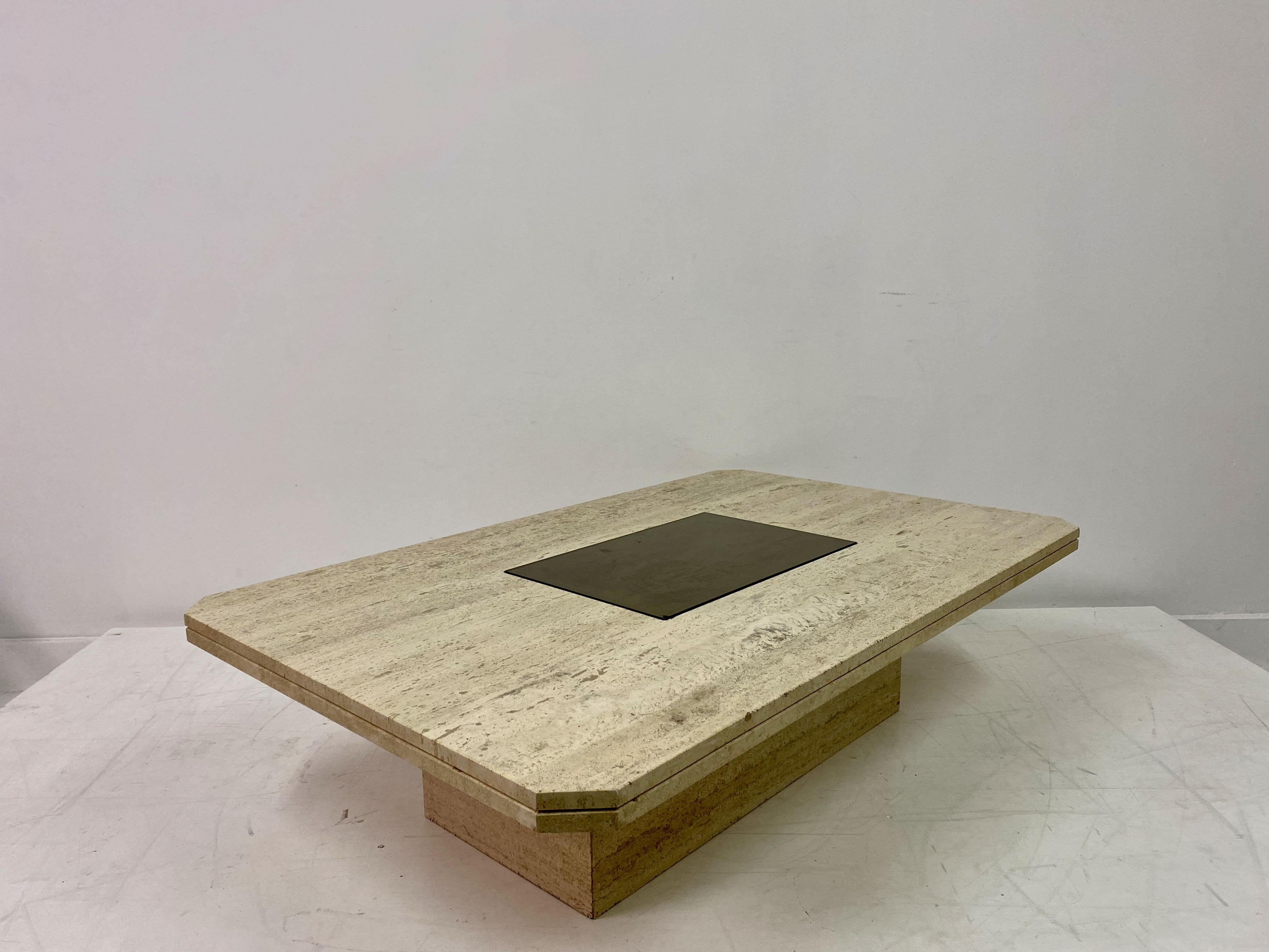 1970s Travertine and Brass Coffee Table For Sale 3