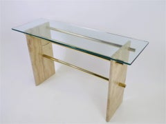 1970s Travertine and Brass Glass Top Console Sofa Table