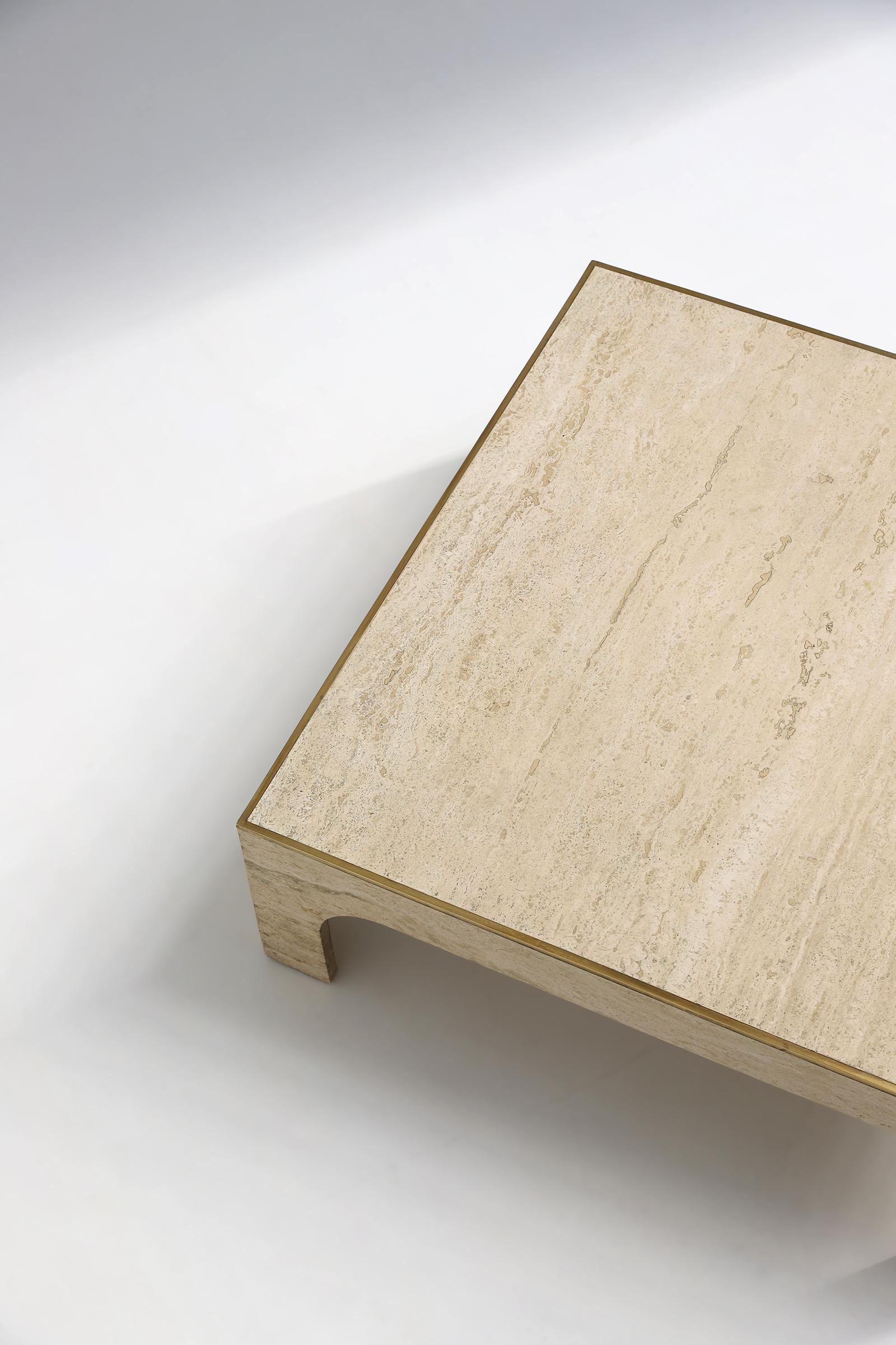 1970s Travertine Coffee Table with Brass Detail by Willy Rizzo 4