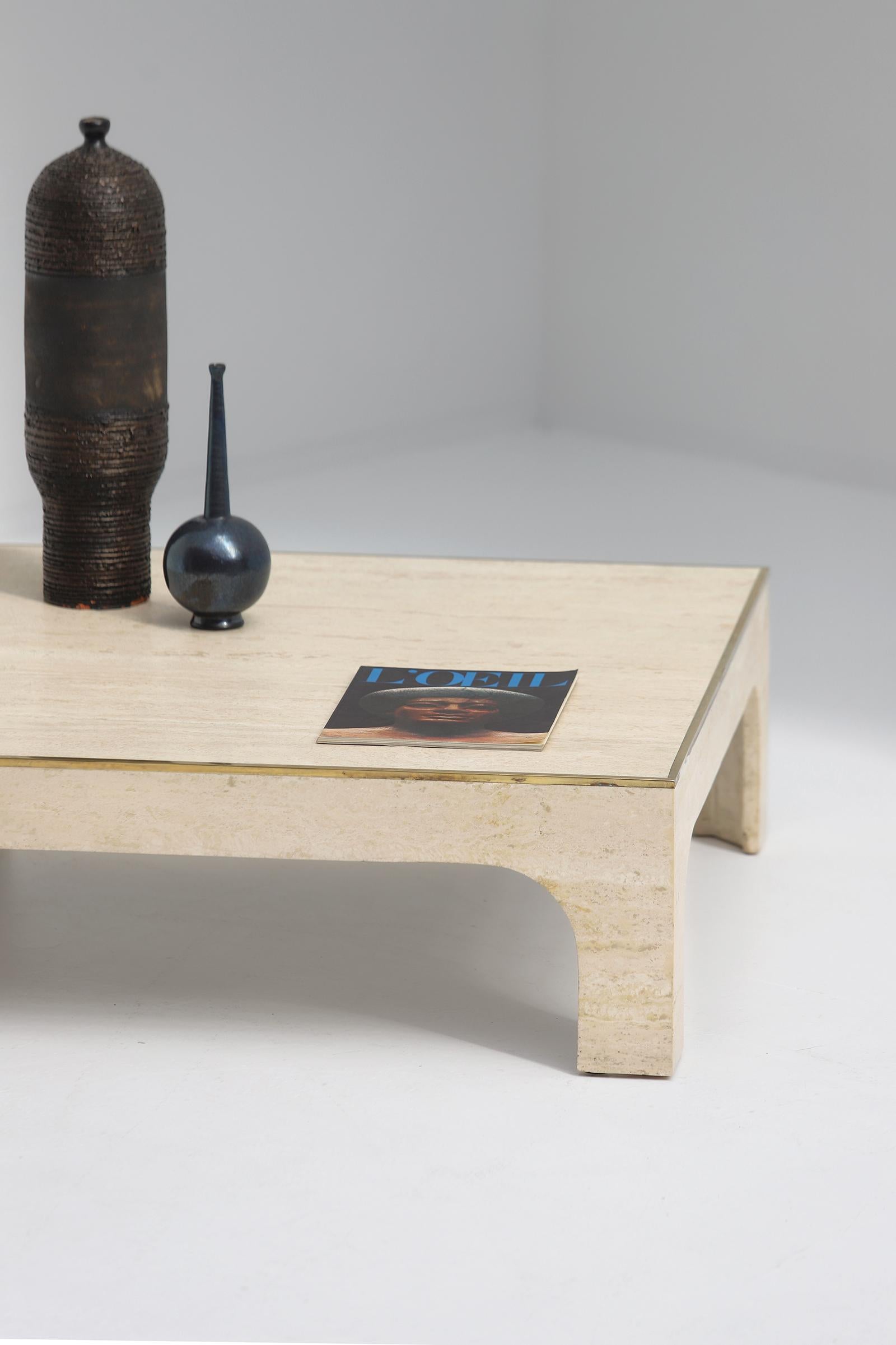 Mid-Century Modern 1970s Travertine Coffee Table with Brass Detail by Willy Rizzo