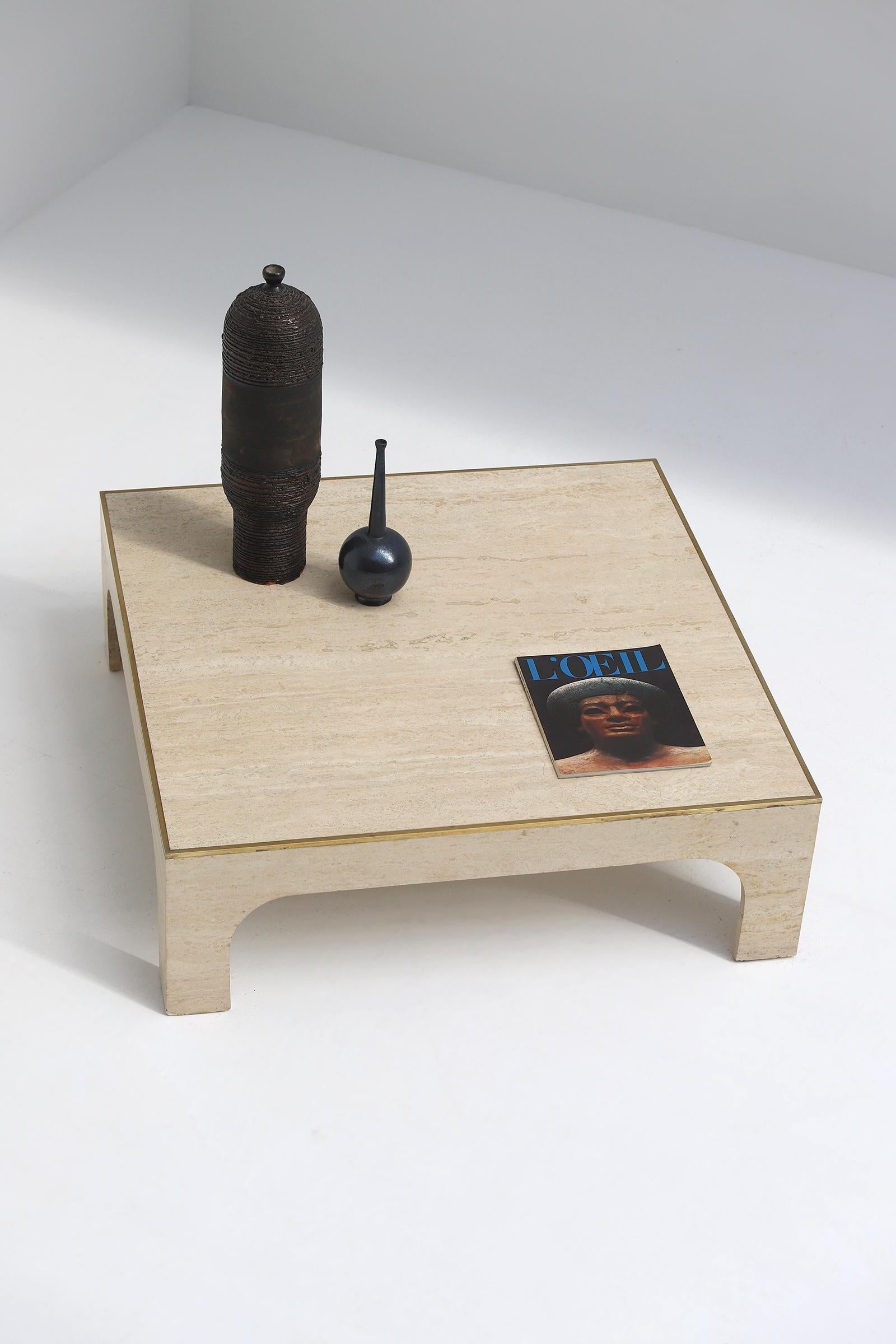 Late 20th Century 1970s Travertine Coffee Table with Brass Detail by Willy Rizzo