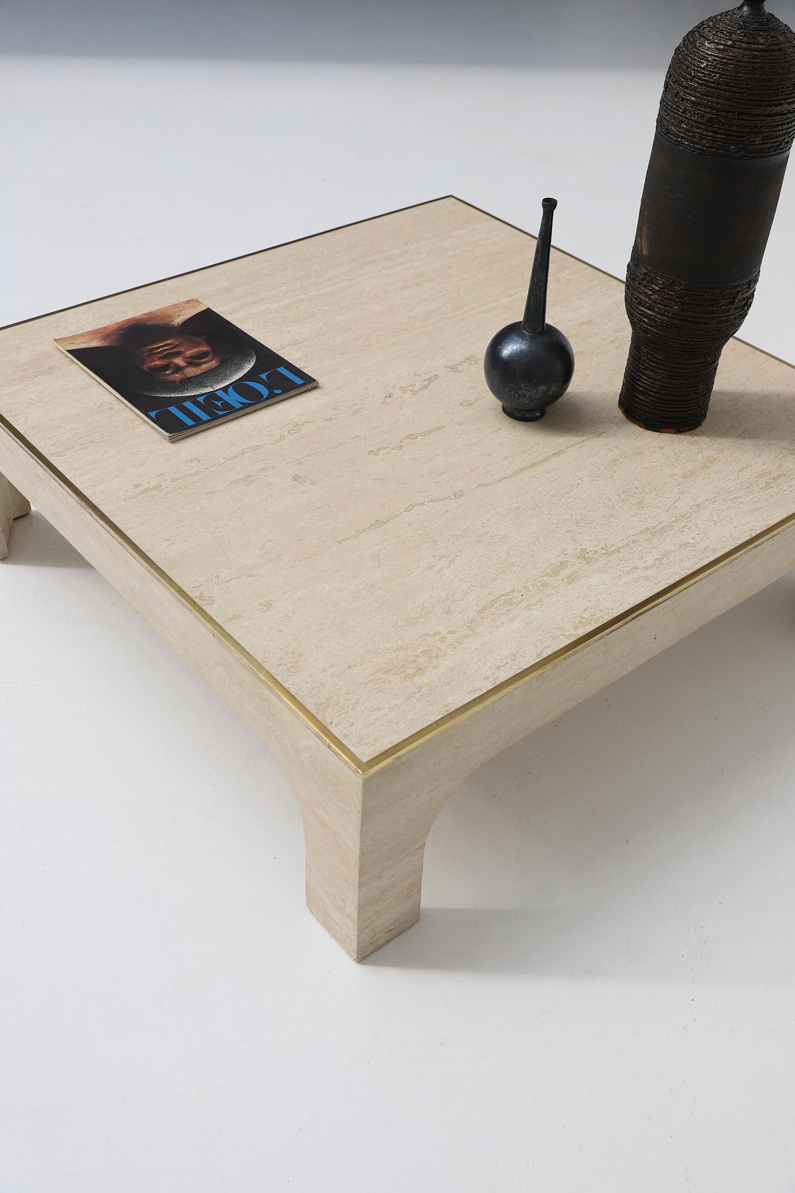 1970s Travertine Coffee Table with Brass Detail by Willy Rizzo 1