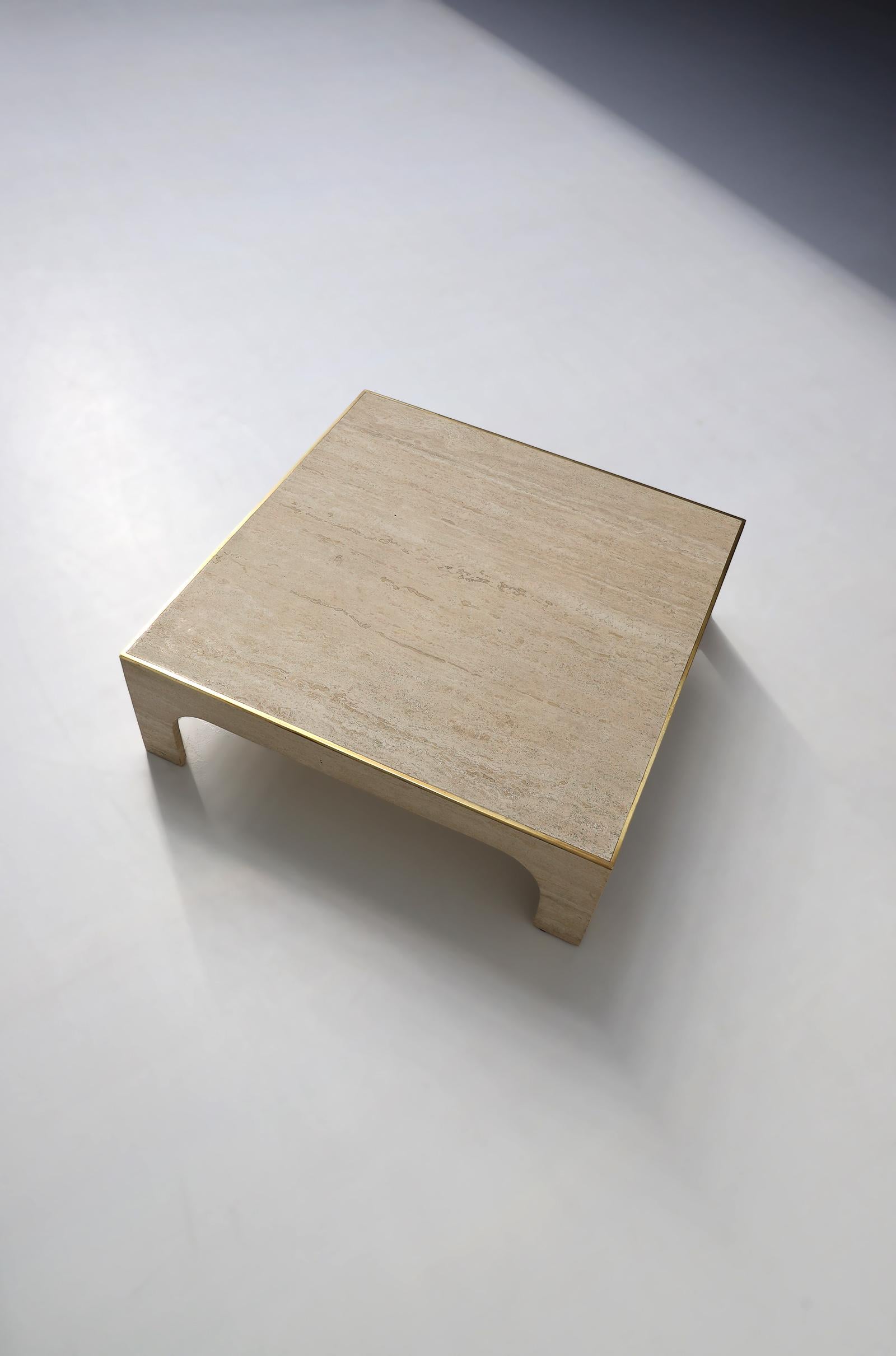 1970s Travertine Coffee Table with Brass Detail by Willy Rizzo 3