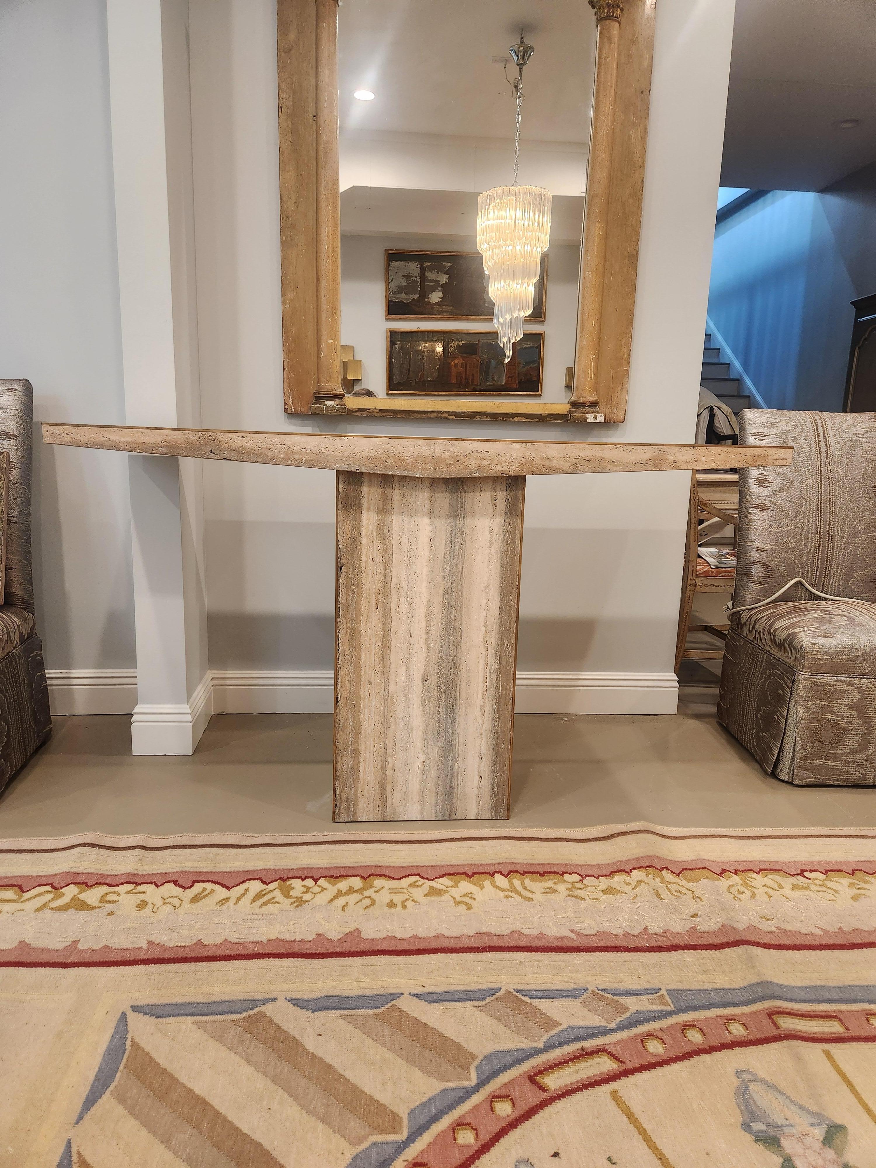1970's Travertine Console Table with Brass Edge For Sale 5