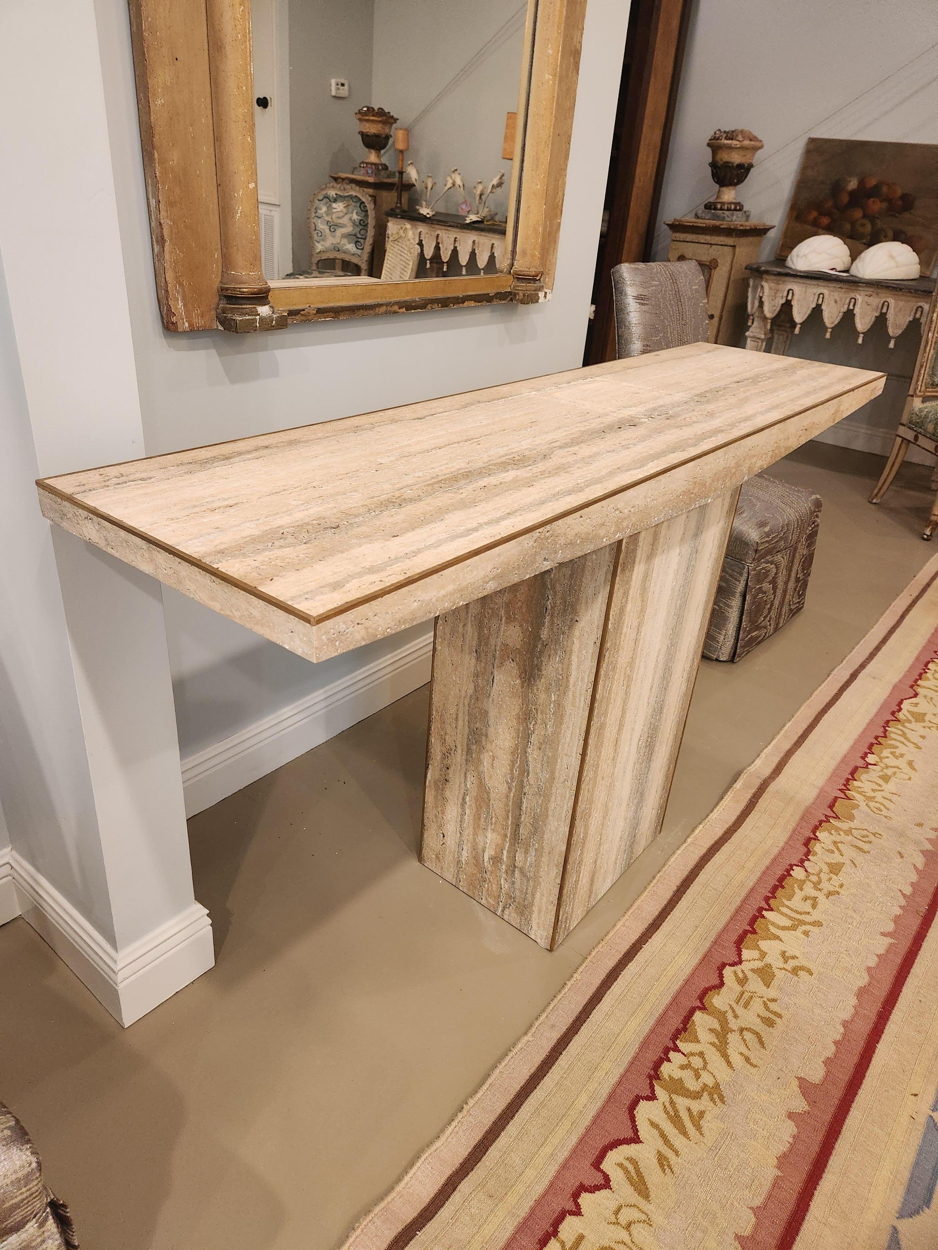 French 1970's Travertine Console Table with Brass Edge For Sale