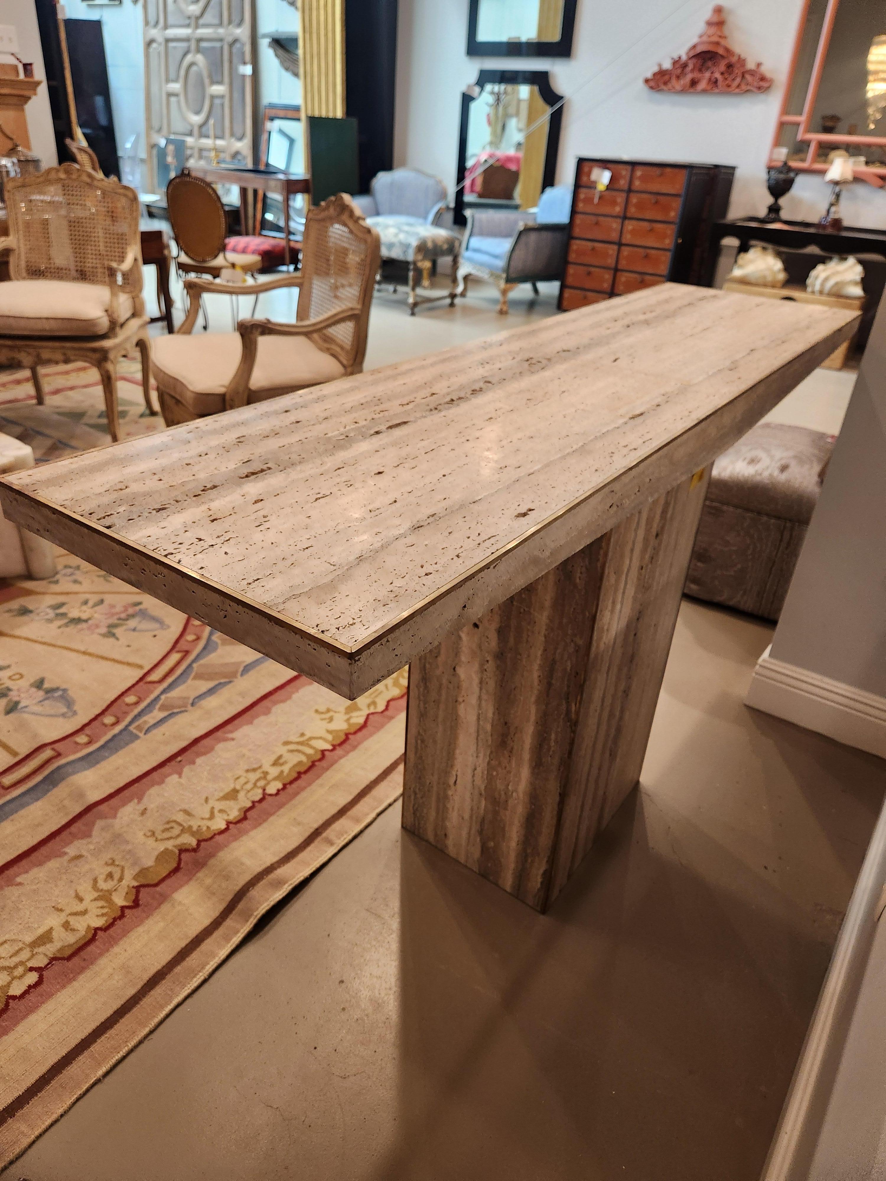1970's Travertine Console Table with Brass Edge In Excellent Condition For Sale In New Orleans, LA