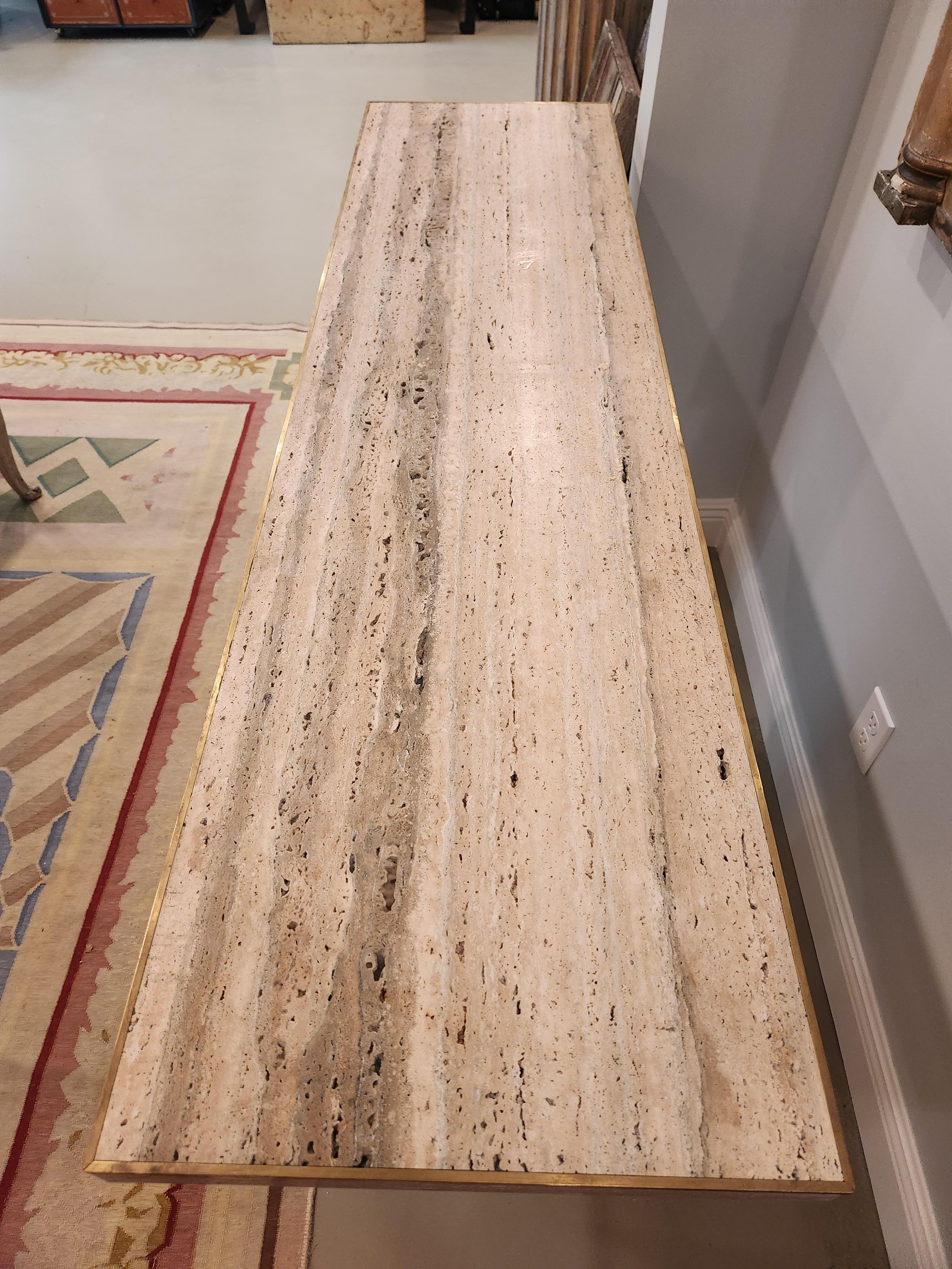 Late 20th Century 1970's Travertine Console Table with Brass Edge For Sale