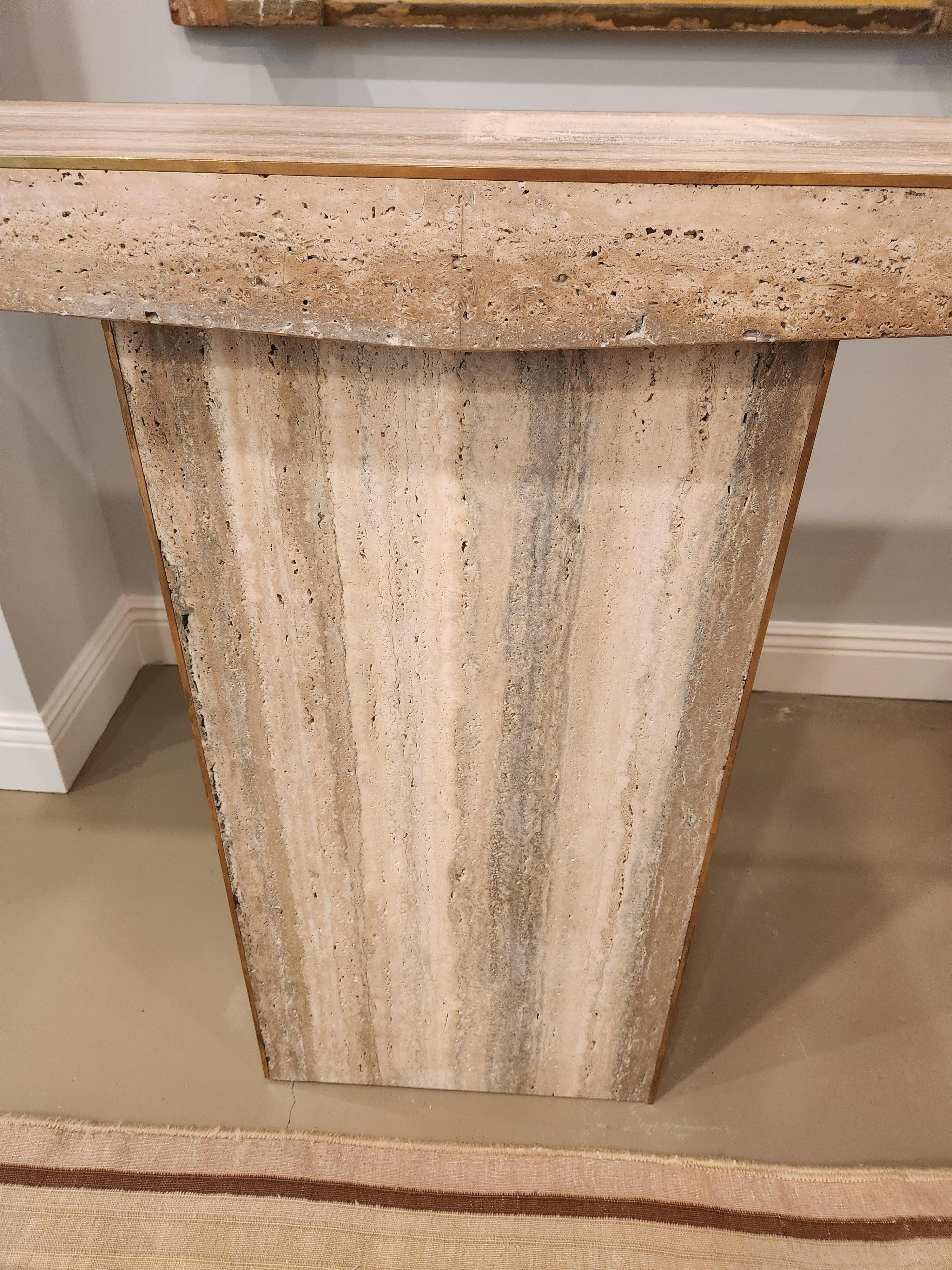 1970's Travertine Console Table with Brass Edge For Sale 1
