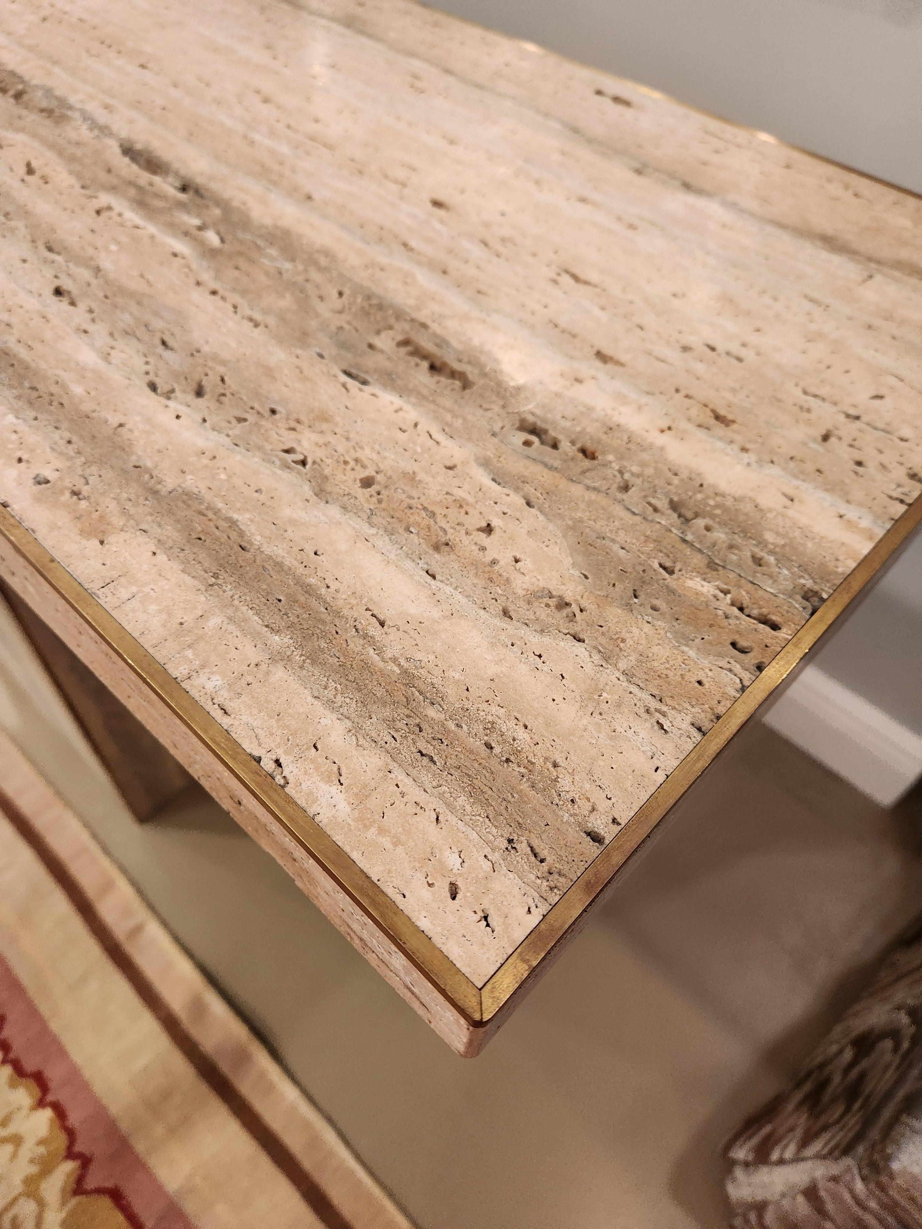1970's Travertine Console Table with Brass Edge For Sale 2