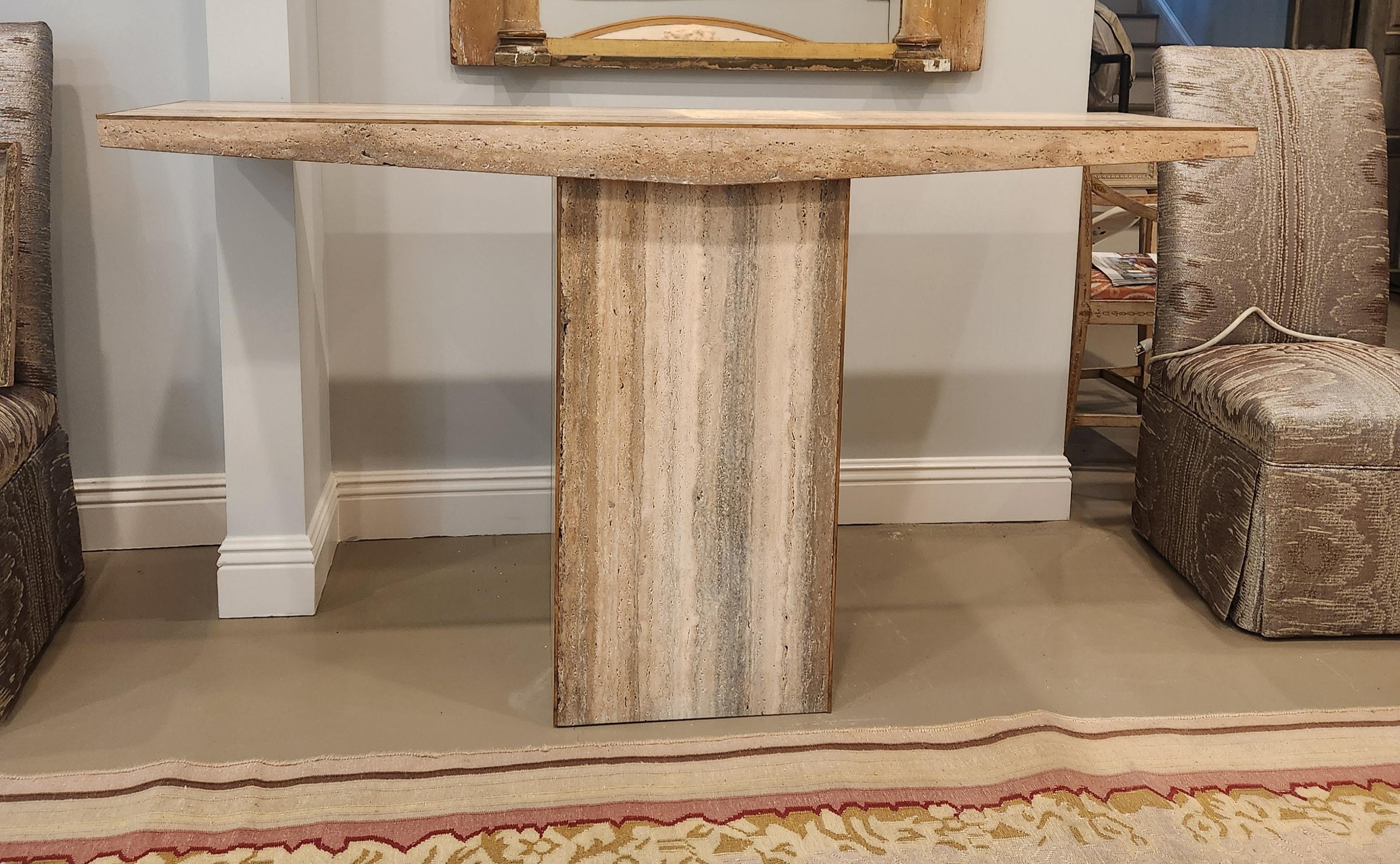 1970's Travertine Console Table with Brass Edge For Sale 4