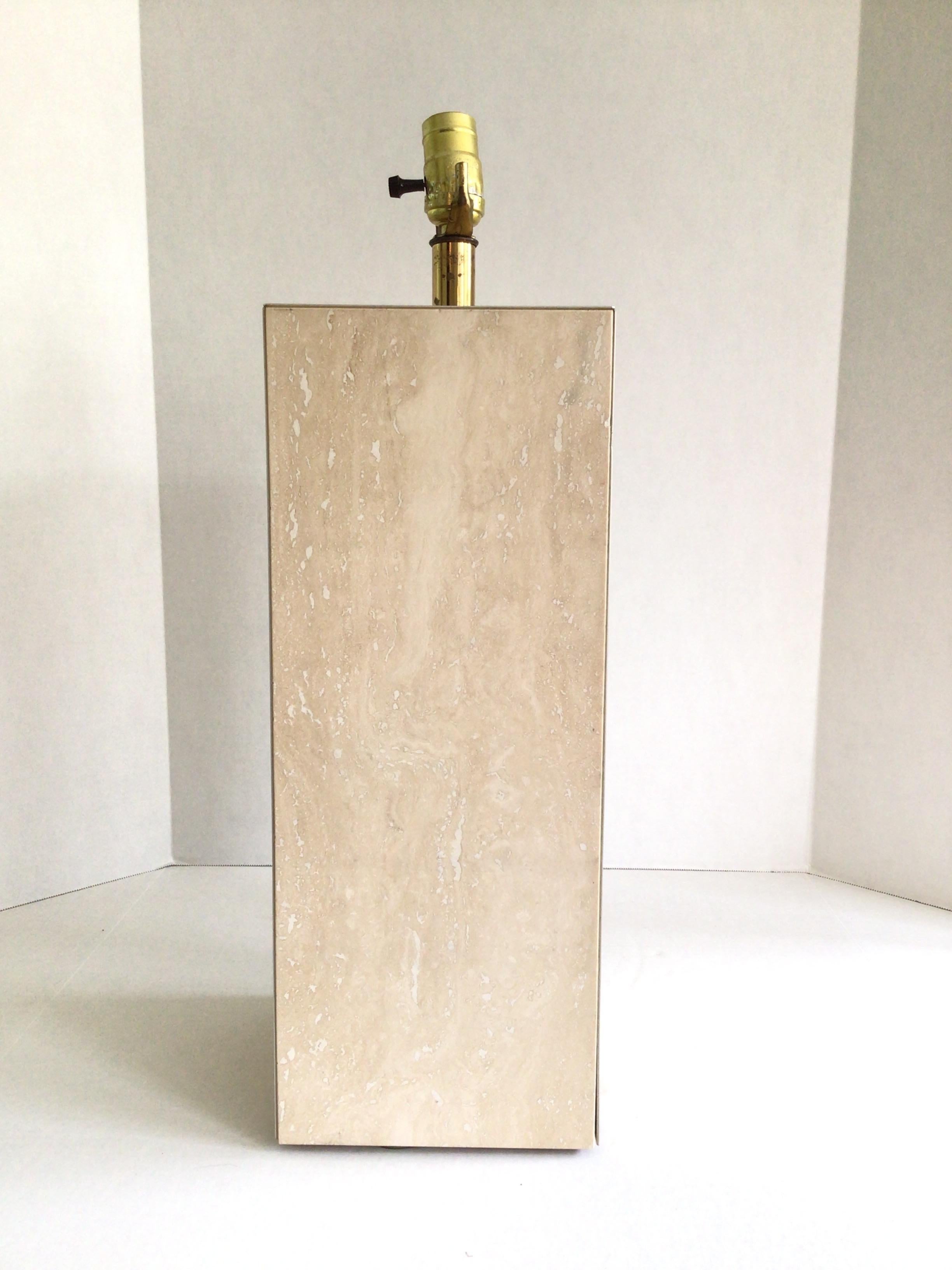 Late 20th Century 1970s Travertine Marble and Brass Column Table Lamp For Sale