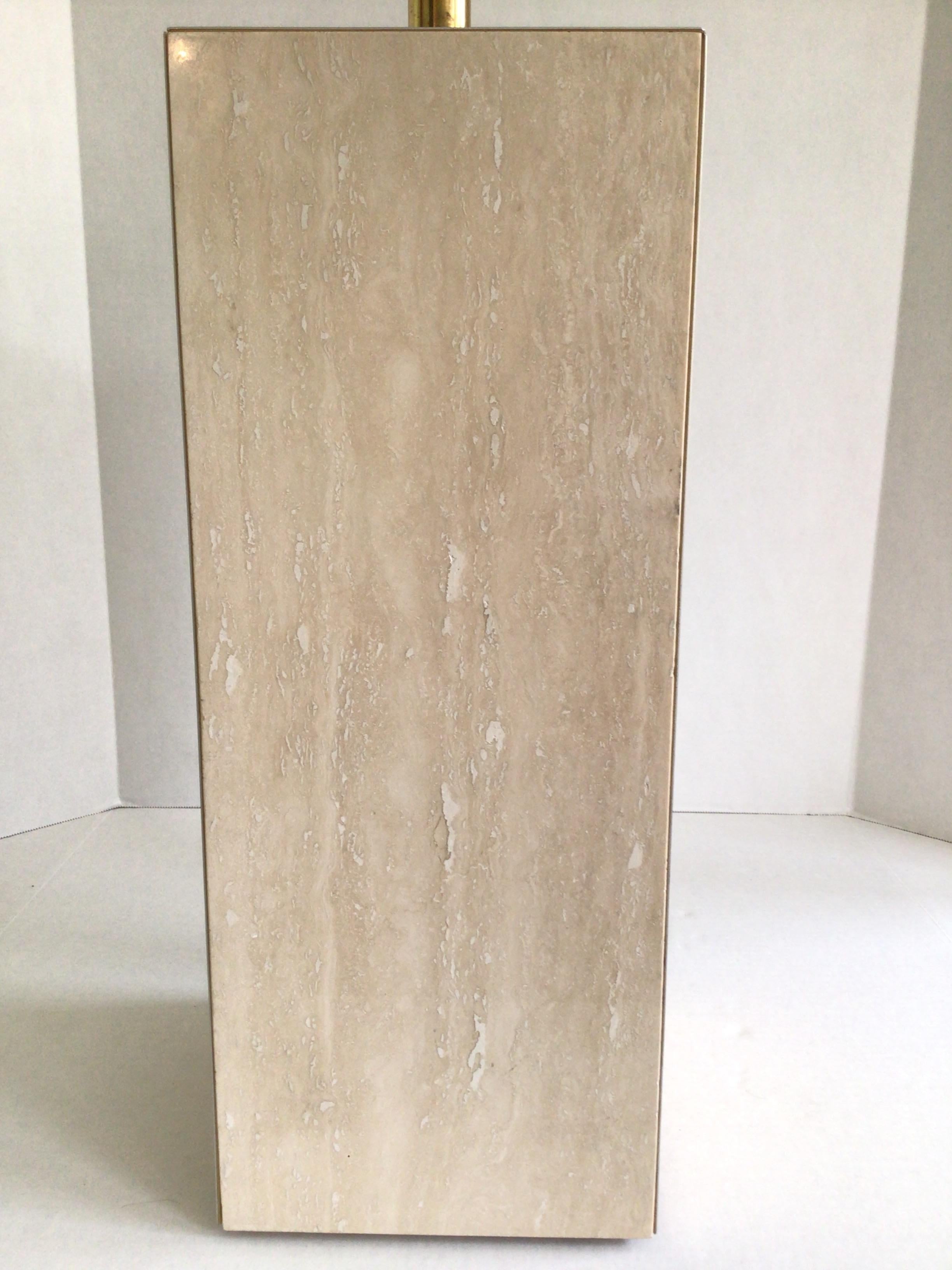 1970s Travertine Marble and Brass Column Table Lamp For Sale 2