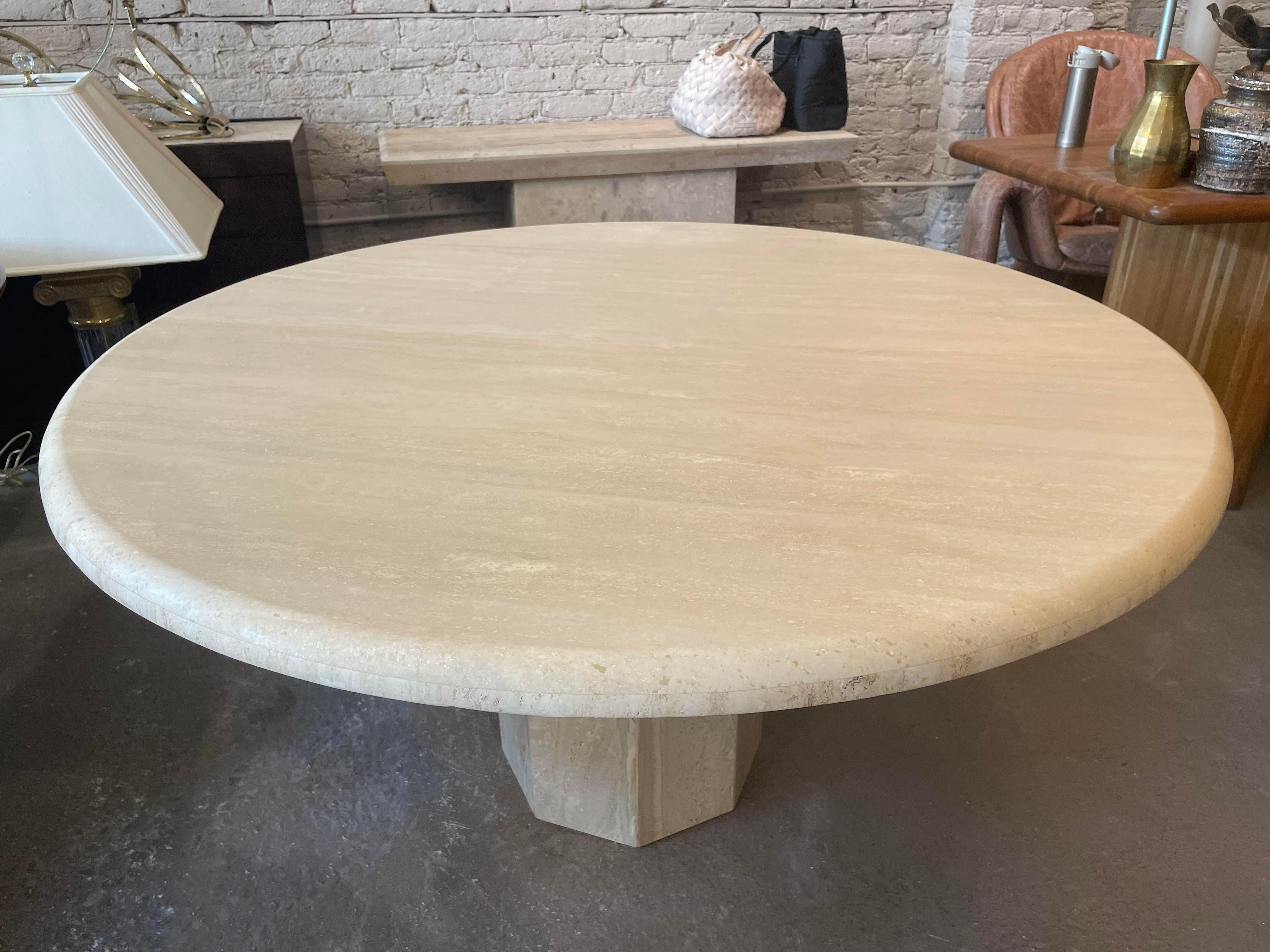 Late 20th Century 1970s Travertine Postmodern Vintage Honed Round Dining Table