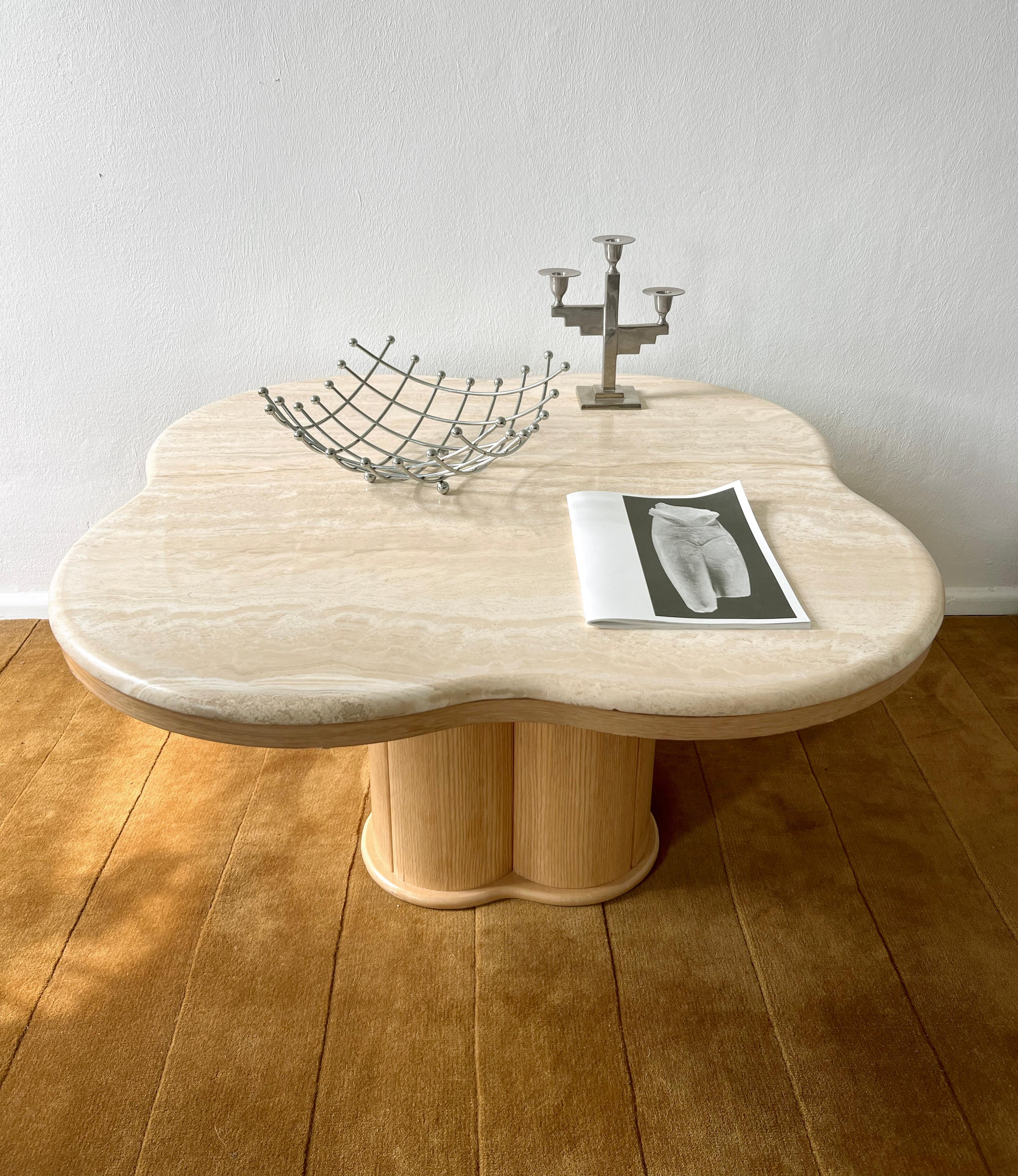 1970s travertine stone and wood coffee table in a wavy square shape For