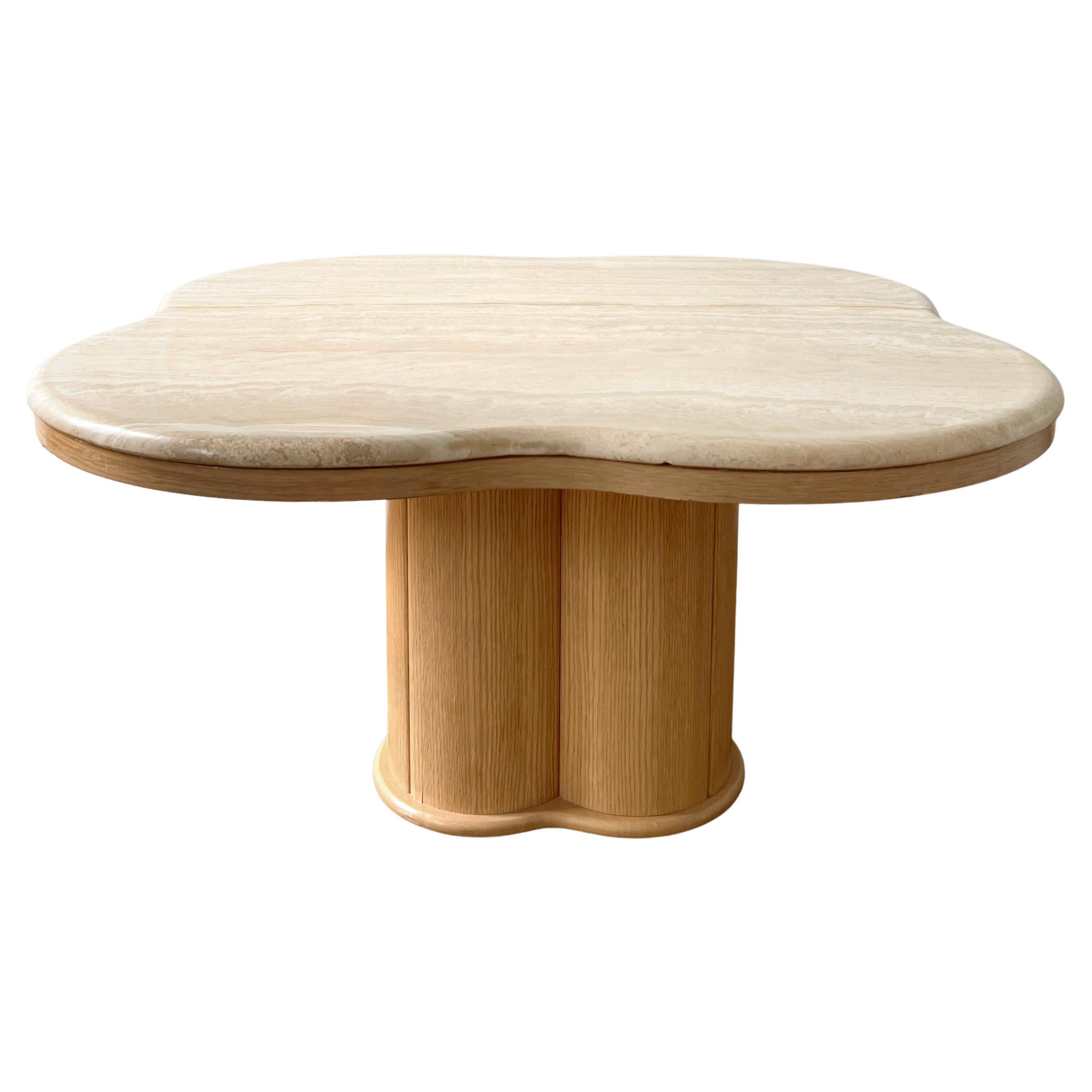 1970s travertine stone and wood coffee table in a wavy square shape For