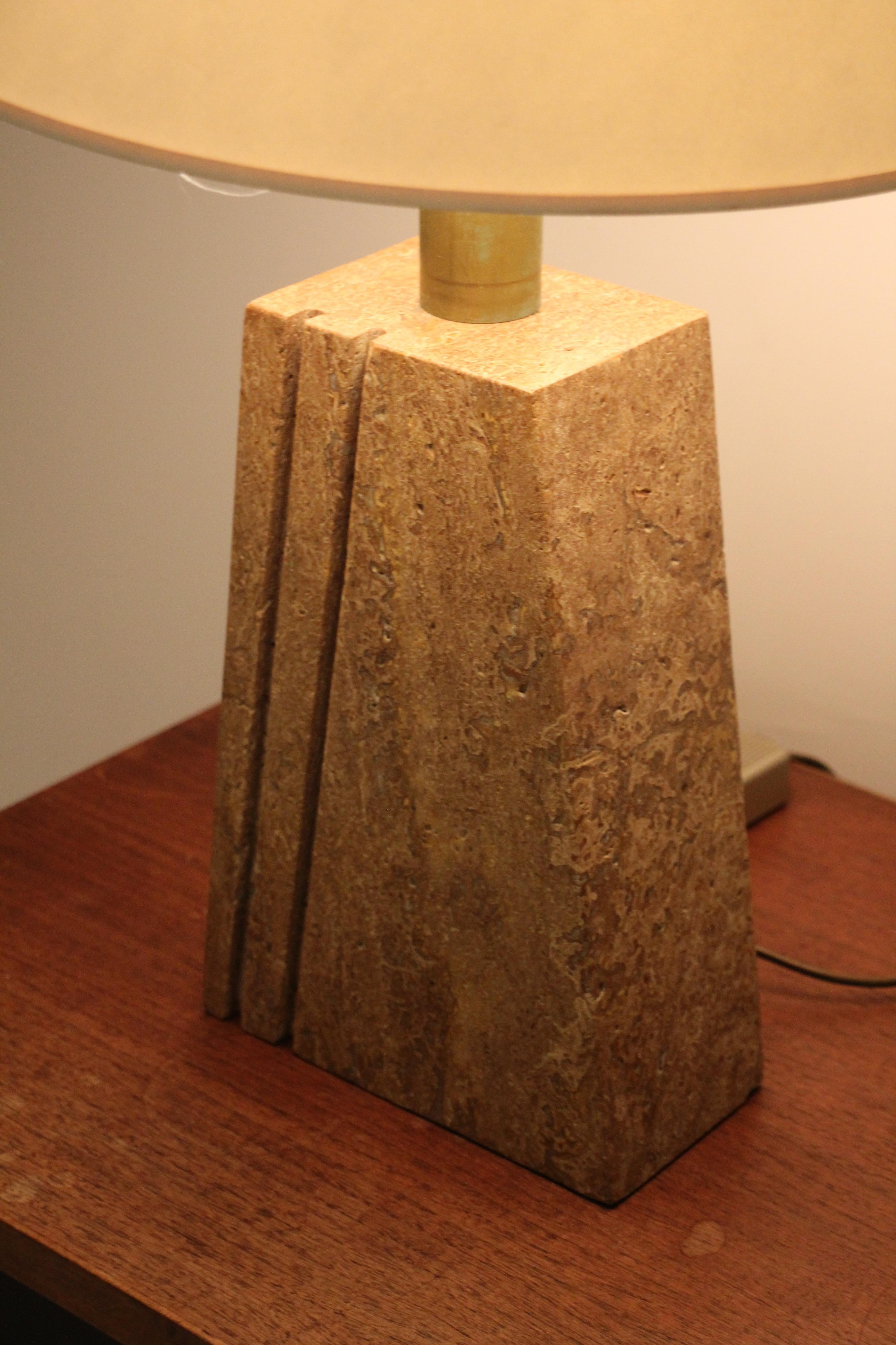 Brutalist 1970s Travertine Table Lamp with Geometric Base For Sale