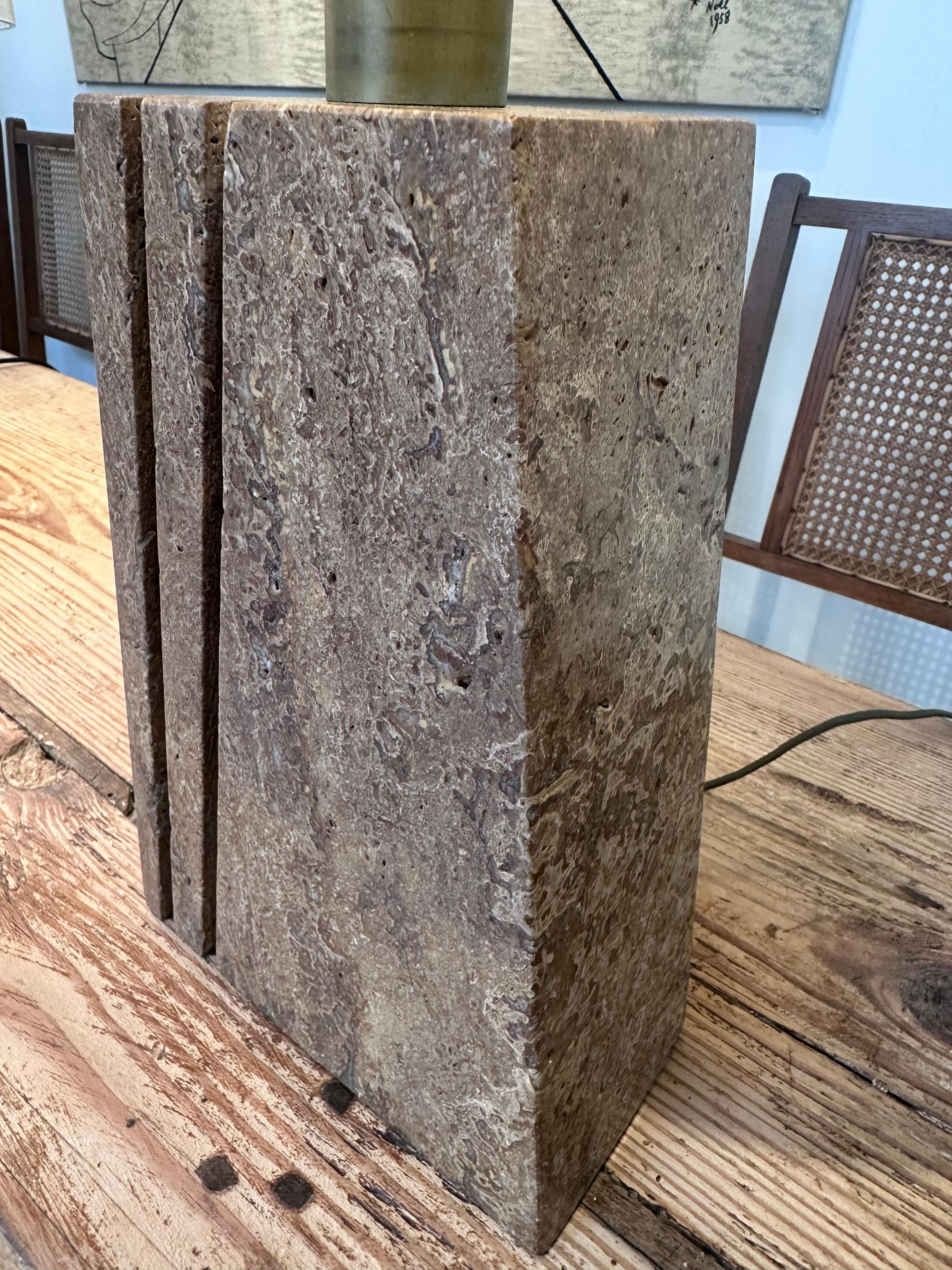 Brass 1970s Travertine Table Lamp with Geometric Base For Sale