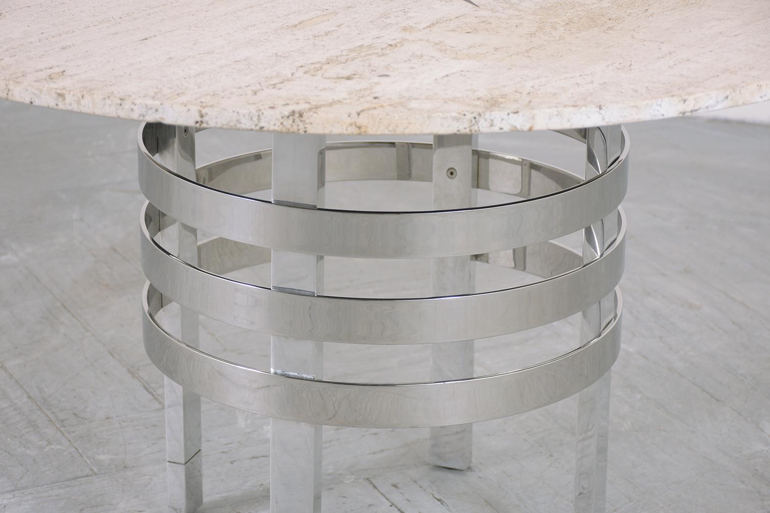 Restored 1970 Mid Century Travertine Marble & Chrome Steel Circular Dining Table For Sale 3