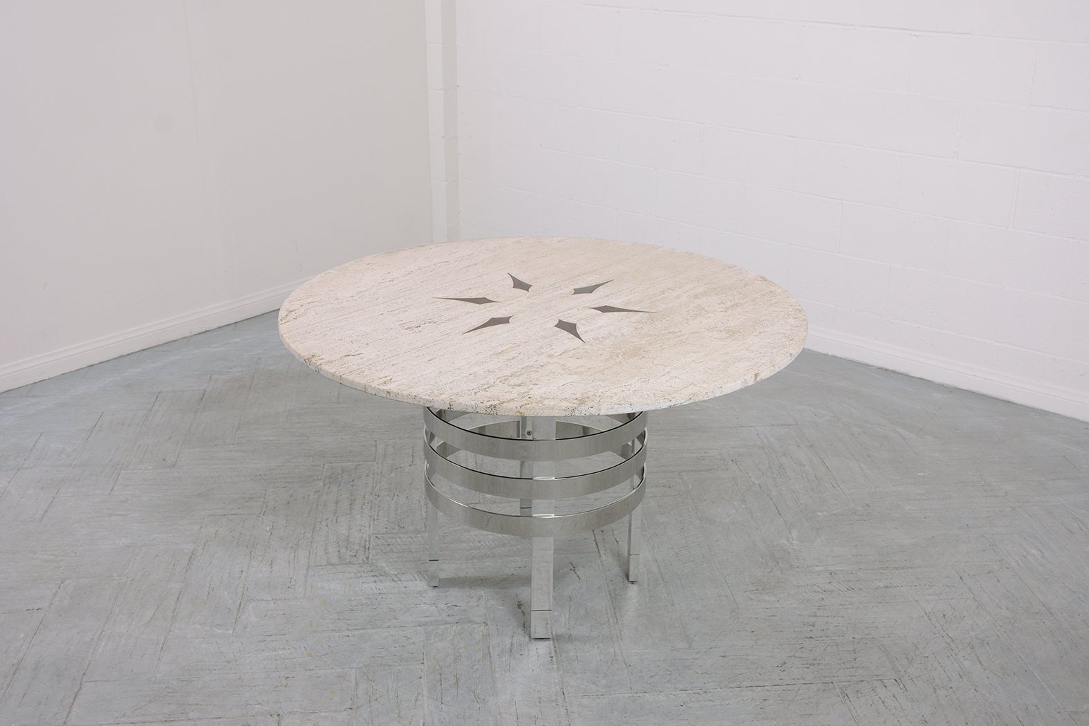 Mid-Century Modern Restored 1970 Mid Century Travertine Marble & Chrome Steel Circular Dining Table For Sale