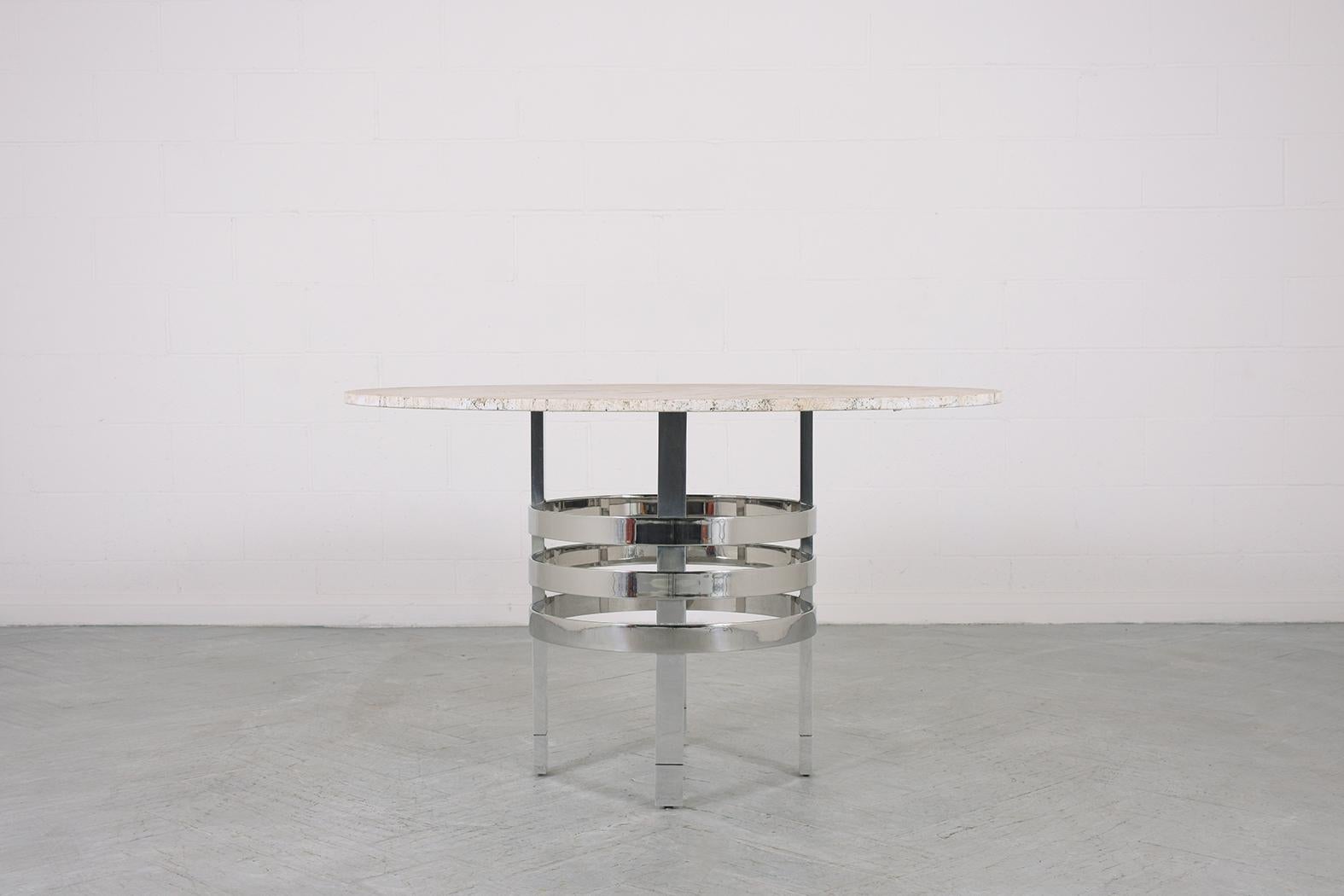 Restored 1970 Mid Century Travertine Marble & Chrome Steel Circular Dining Table For Sale 1