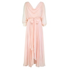 1970s Travilla for Neiman Marcus Pink Chiffon Angel Sleeve Gown