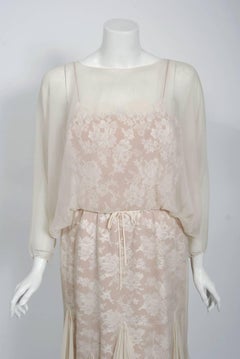 1970's Travilla Couture Ivory Chiffon & Lace Illusion Dolman Sleeve Bridal Dress