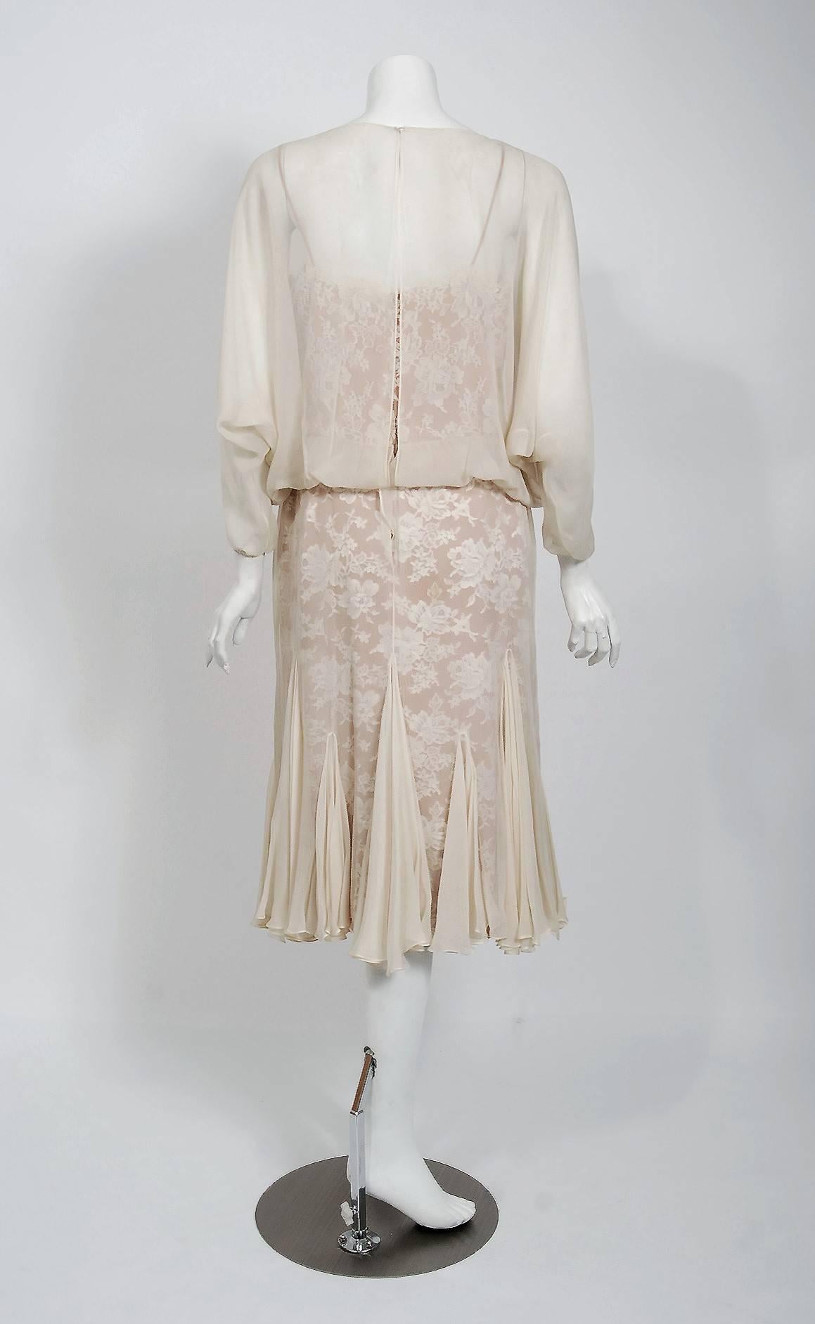 Gray Vintage 1970s Travilla Ivory Chiffon & Lace Illusion Dolman Sleeve Bridal Dress For Sale