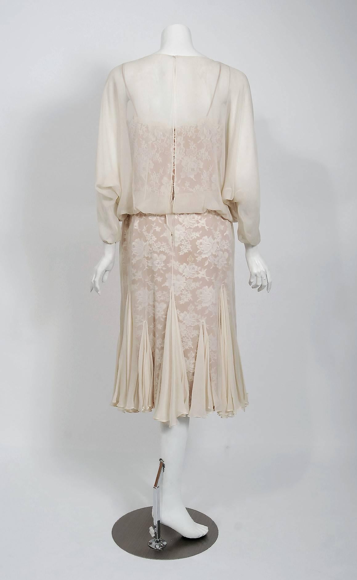 Gray 1970's Travilla Couture Ivory Chiffon & Lace Illusion Dolman Sleeve Bridal Dress For Sale