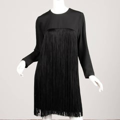 1970s Travilla Vintage Black Long Sleeve Flapper Fringe Cocktail Dress