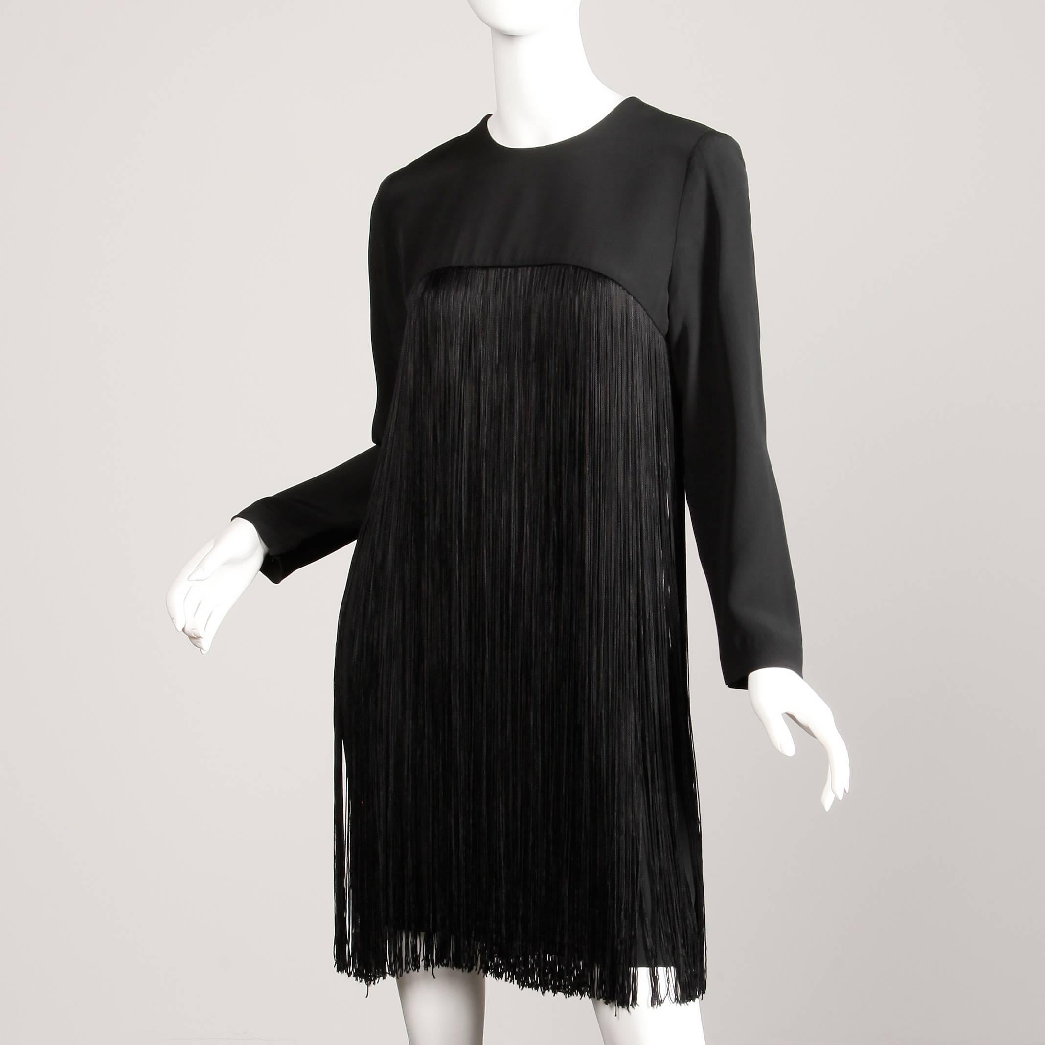 1970s Travilla Vintage Black Long Sleeve Flapper Fringe Cocktail Dress In Excellent Condition In Sparks, NV