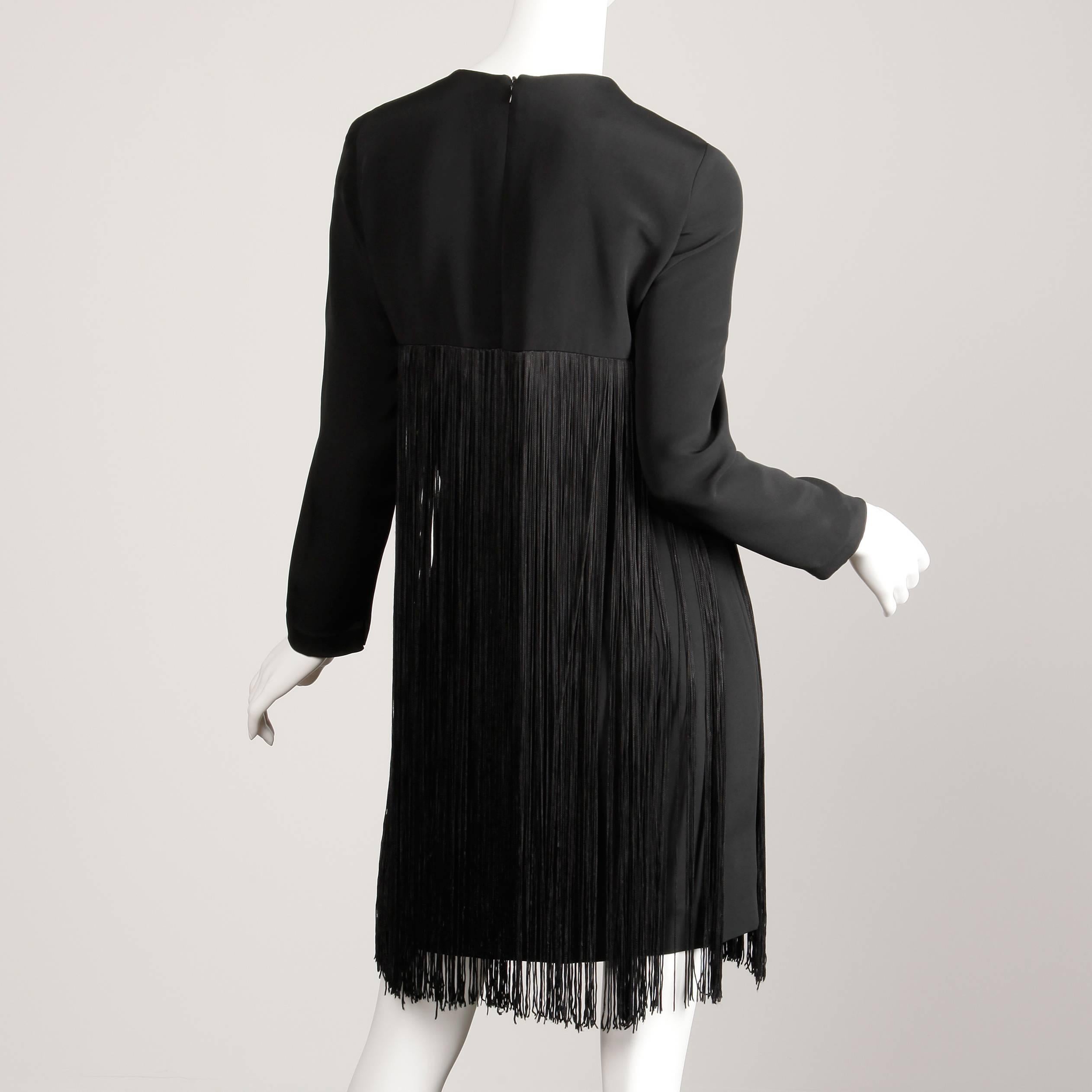 1970s Travilla Vintage Black Long Sleeve Flapper Fringe Cocktail Dress 1