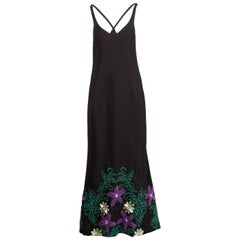 1970s Travilla Vintage Evening Dress with Purple Green + Black Flower Embroidery