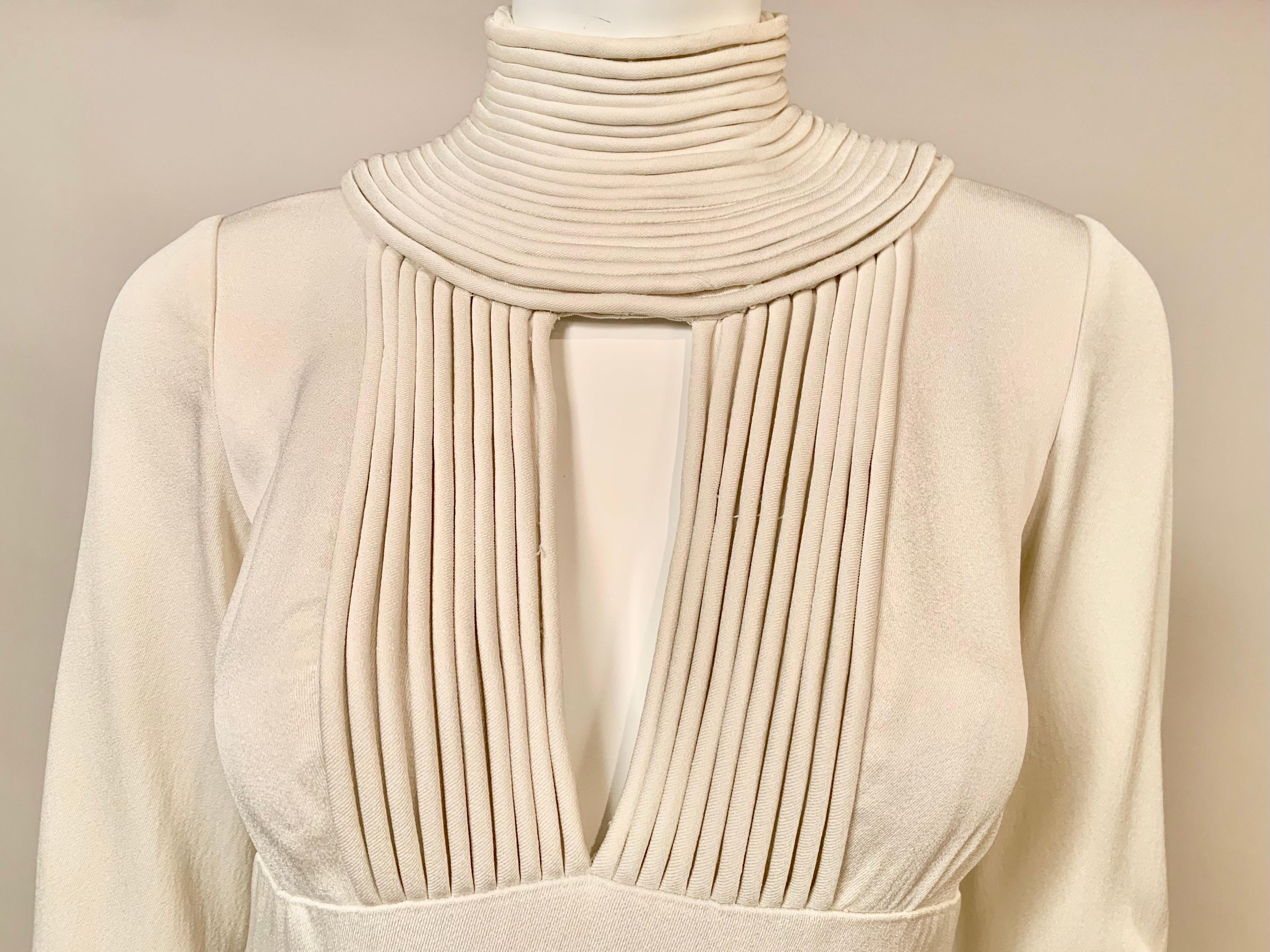 1970's Travilla White Silk Crepe Gown with Unusual Cord Decoration  In Good Condition For Sale In New Hope, PA