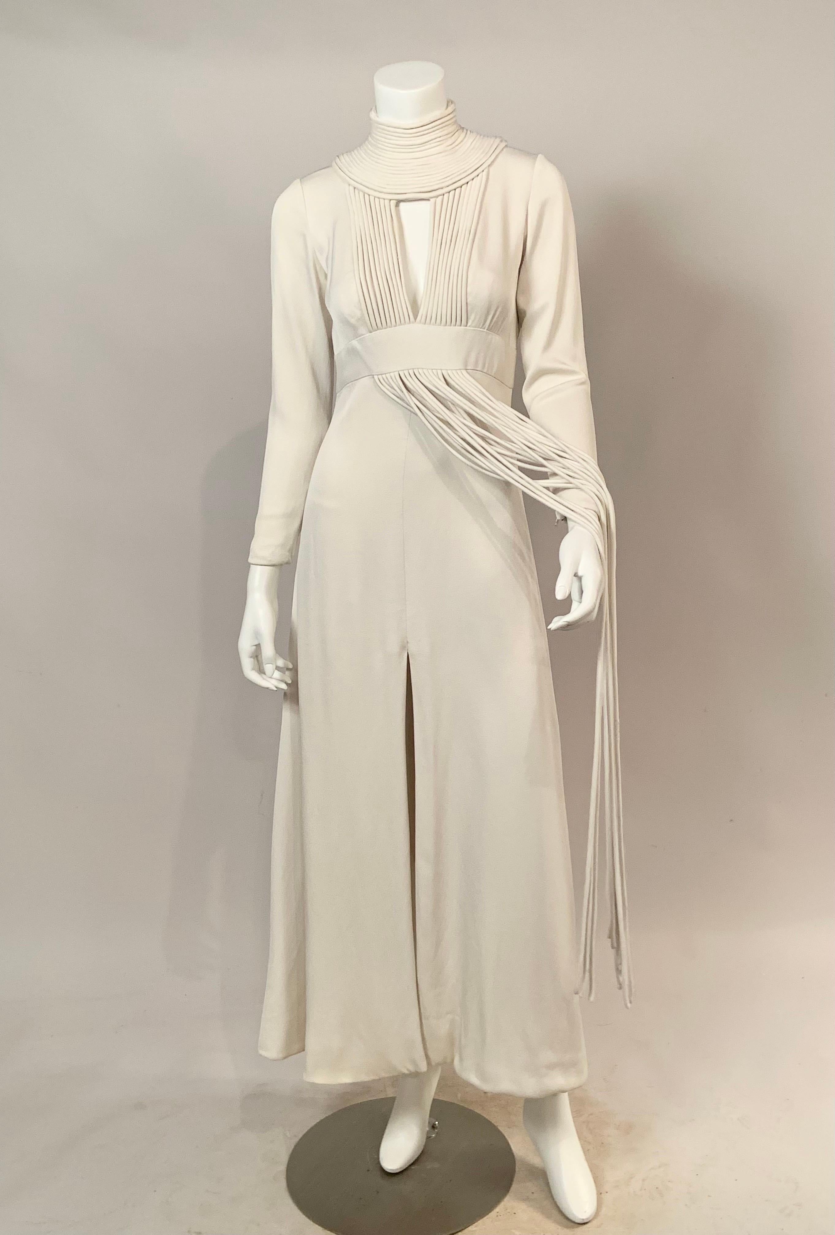 1970's Travilla White Silk Crepe Gown with Unusual Cord Decoration  For Sale 1