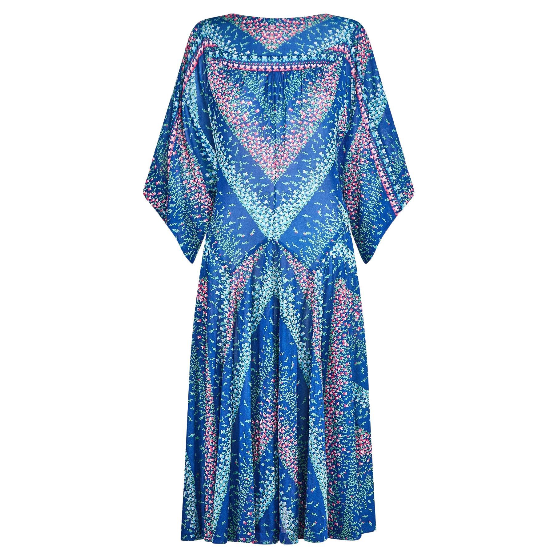 Abito Travona anni '70 in jersey floreale blu