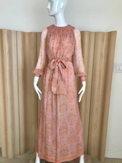1970s Treacy Lowe Light Pink Floral Print Silk Chiffon Long Sleeve Maxi Dress