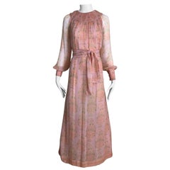 1970s Treacy Lowe Light Pink Floral Print Silk Chiffon Long Sleeve Maxi Dress