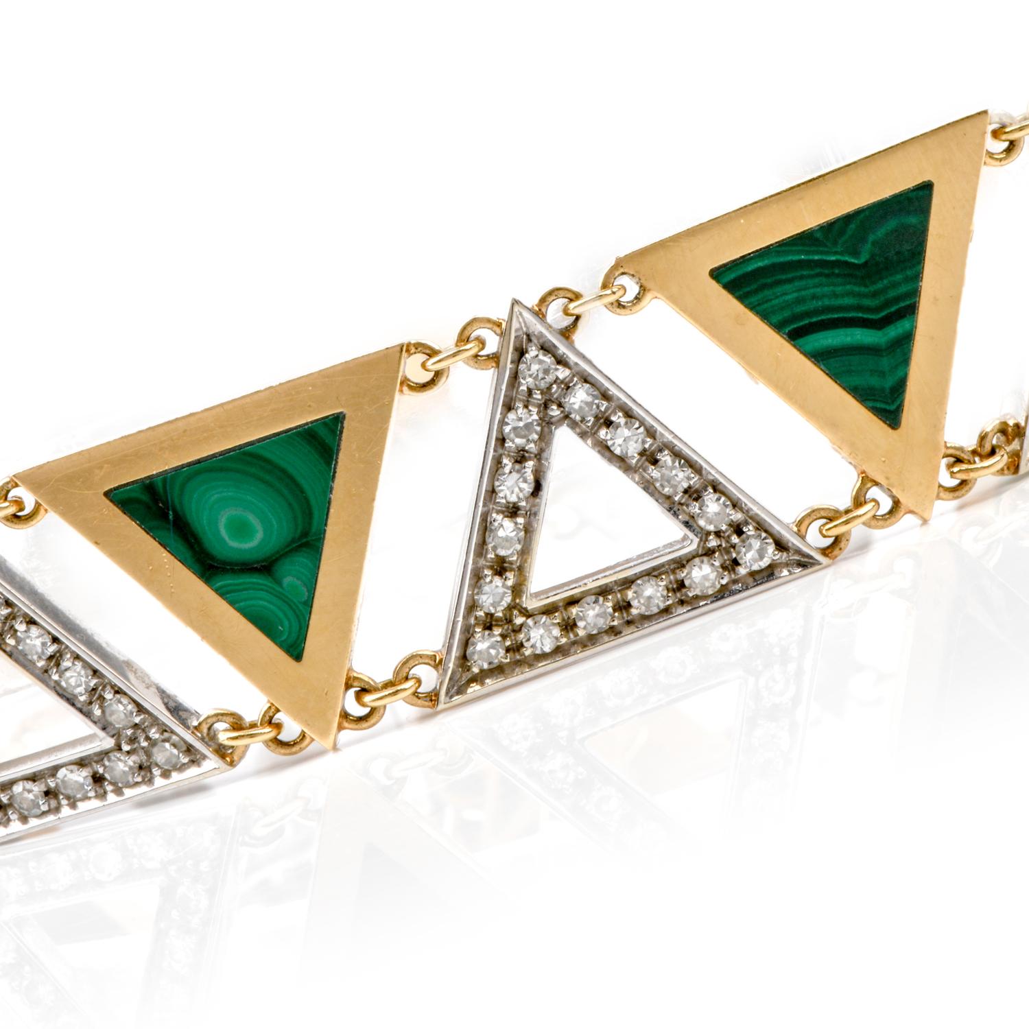 Modern 1970s Triangular Malachite Diamond 18 Karat Yellow Gold Bracelet