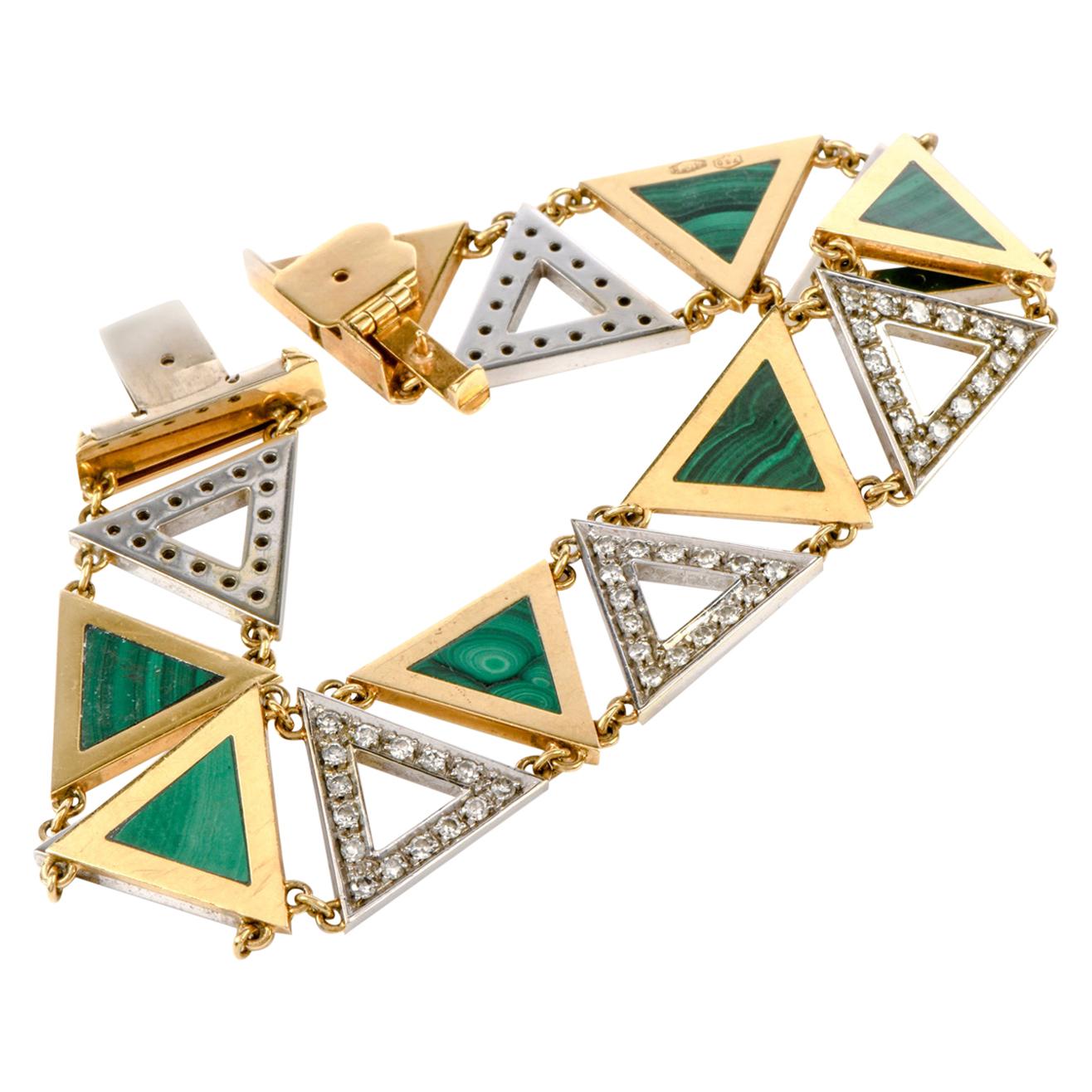 1970s Triangular Malachite Diamond 18 Karat Yellow Gold Bracelet