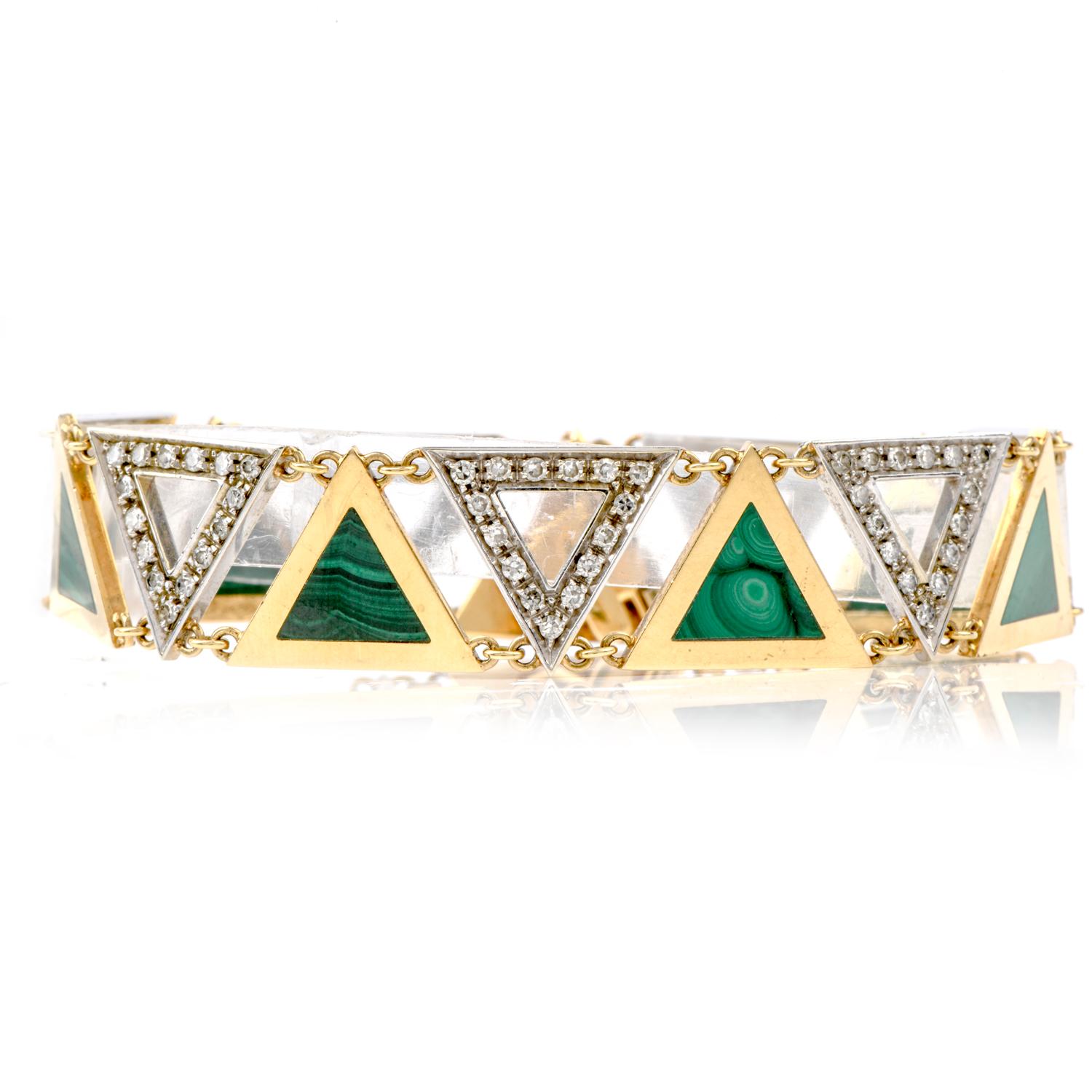 A 17th century Spanish superstition held that if you wear a lozenge of

Malachite, it will help you sleep and keep evil spirits at bay.

 The healing stones of this vintage 1970s bracelet been carefully cut into precise triangles and laid
With