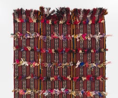 4.7x8.3 ft Turkish Tribal Kilim Rug with Colorful Poms, Wall Hanging, Sofa Throw