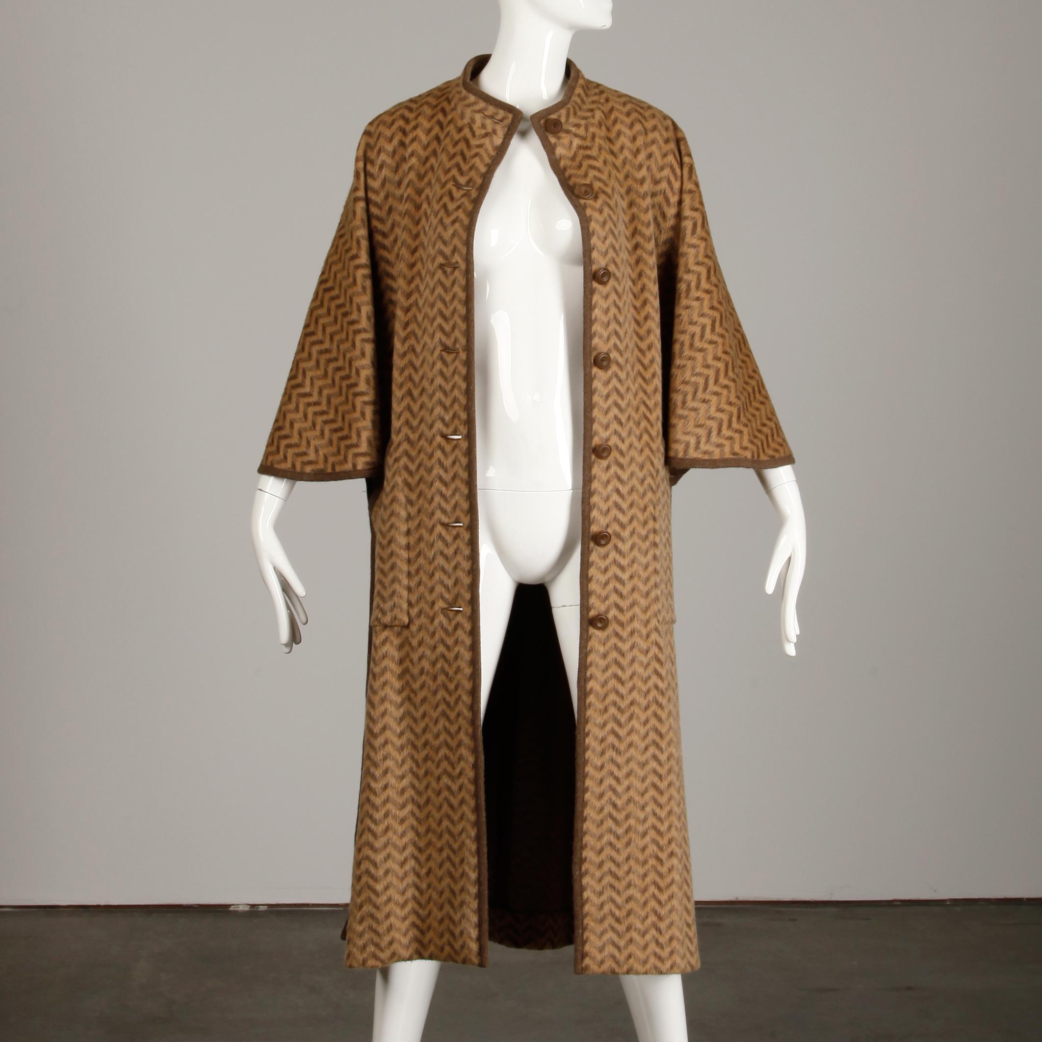 Brown 1970s Tricosa France Vintage Wool/ Mohair Striped Chevron Blanket Cape Coat