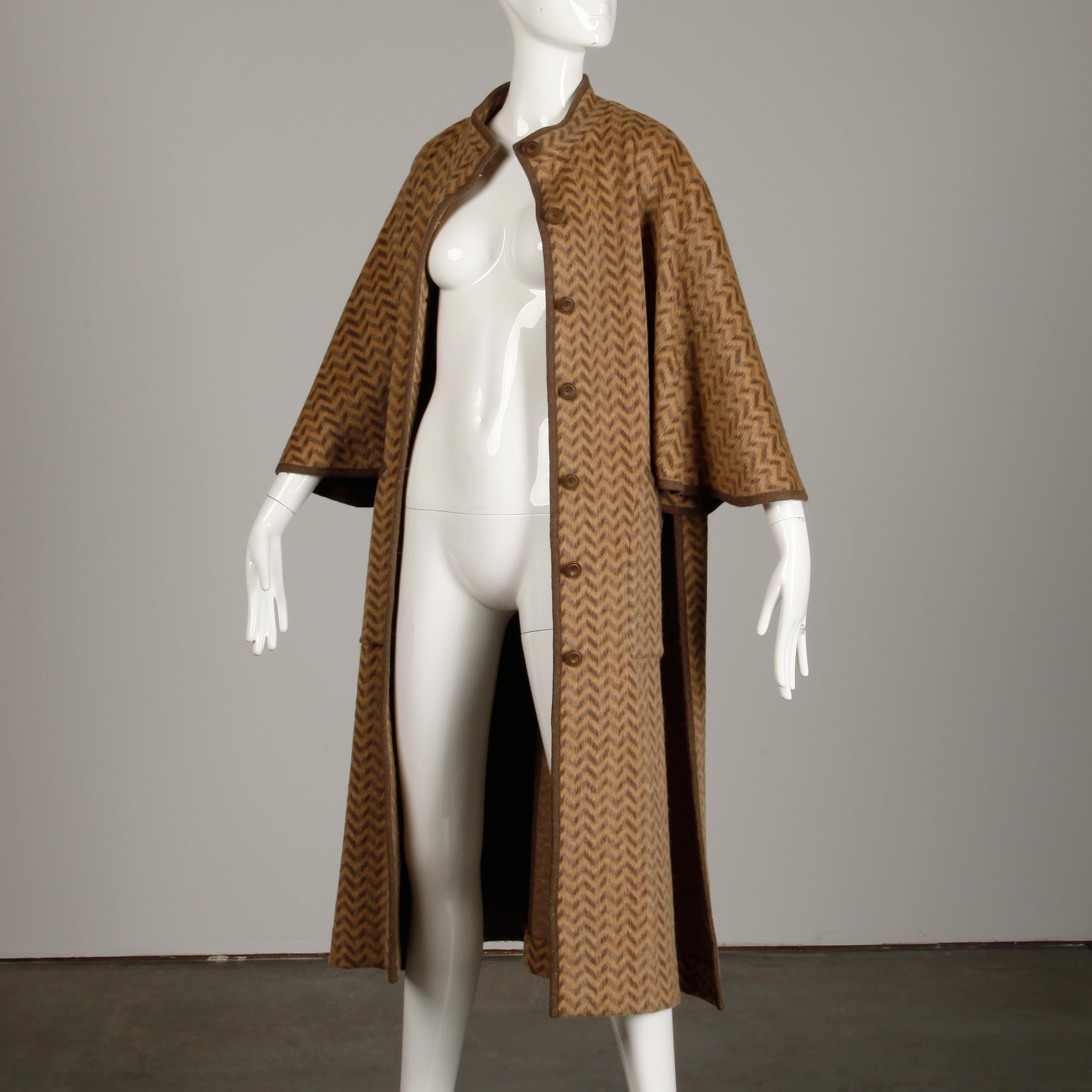 Women's 1970s Tricosa France Vintage Wool/ Mohair Striped Chevron Blanket Cape Coat