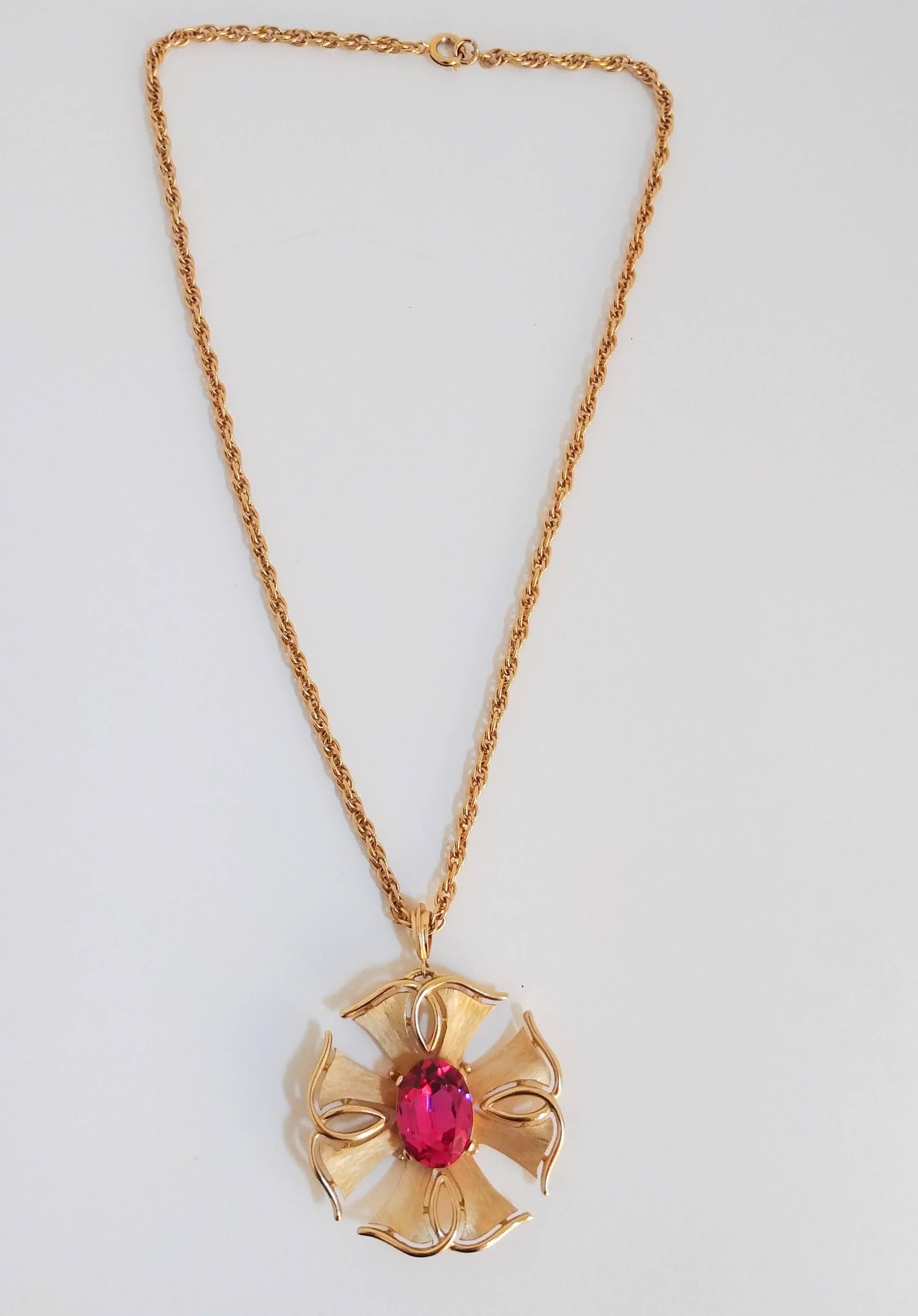 Women's 1970s Trifari Magenta and Gold Pendant and Earring Set