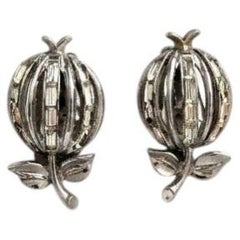 1970s Trifari Silver-Tone Apple Clip-On Earrings with Baguette Crystals