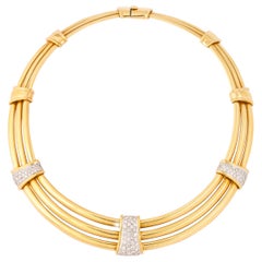 1970's Triple Tubular Strand Gold and Platinum Diamond Choker Collar Necklace