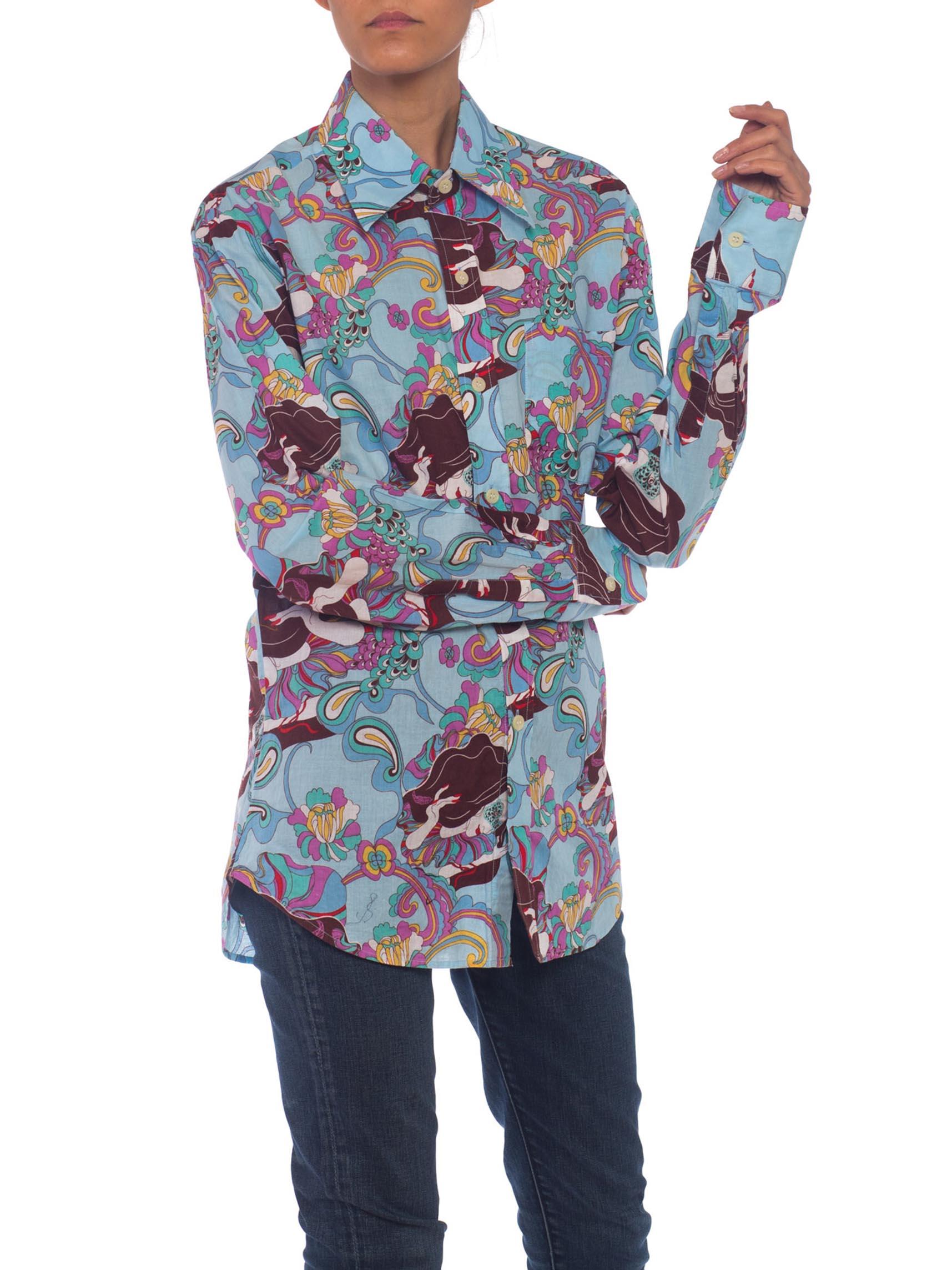 Gray 1970s Trippy Psychedelic Cotton Shirt with Masked Lady