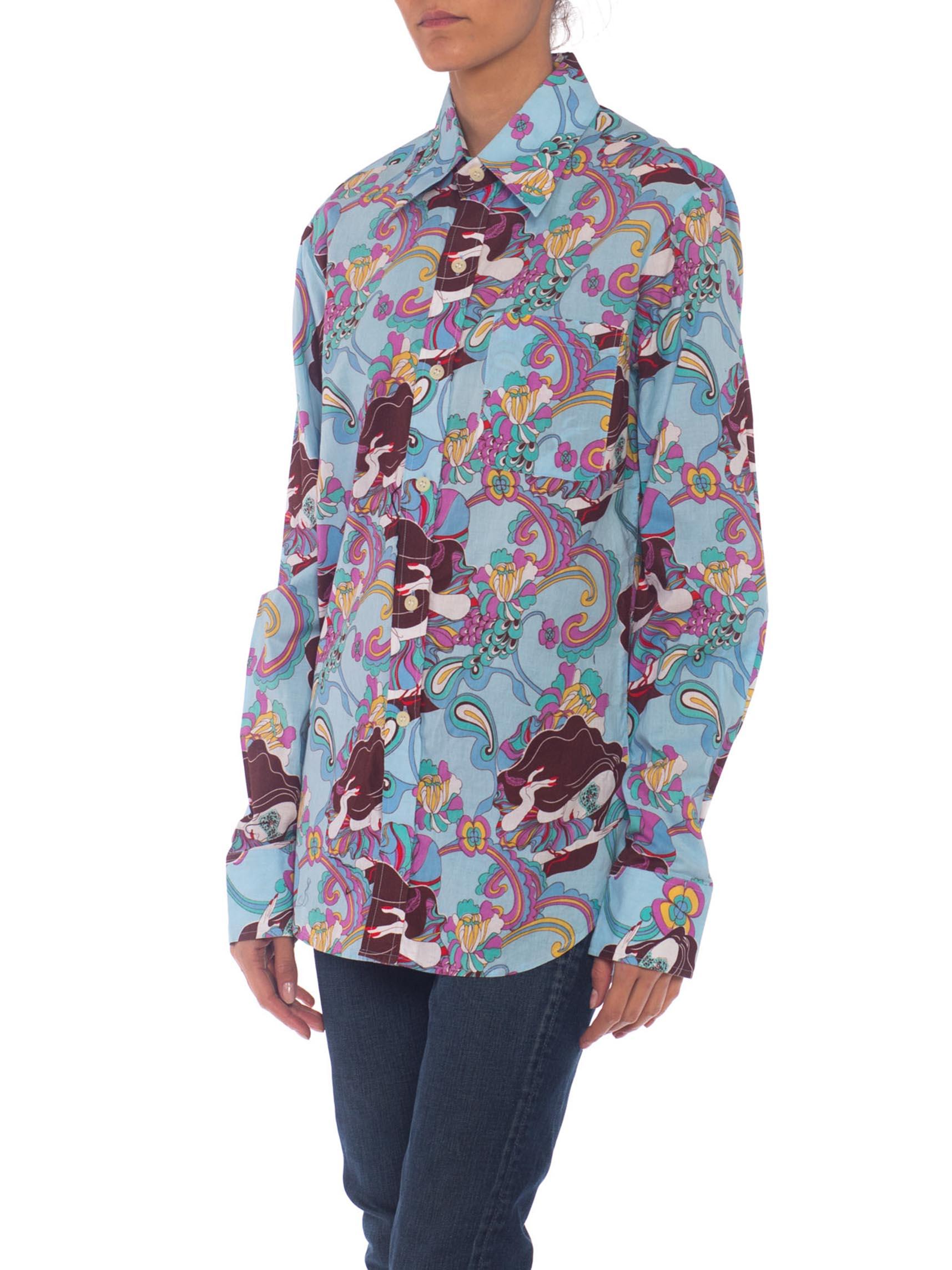 Women's 1970s Trippy Psychedelic Cotton Shirt with Masked Lady