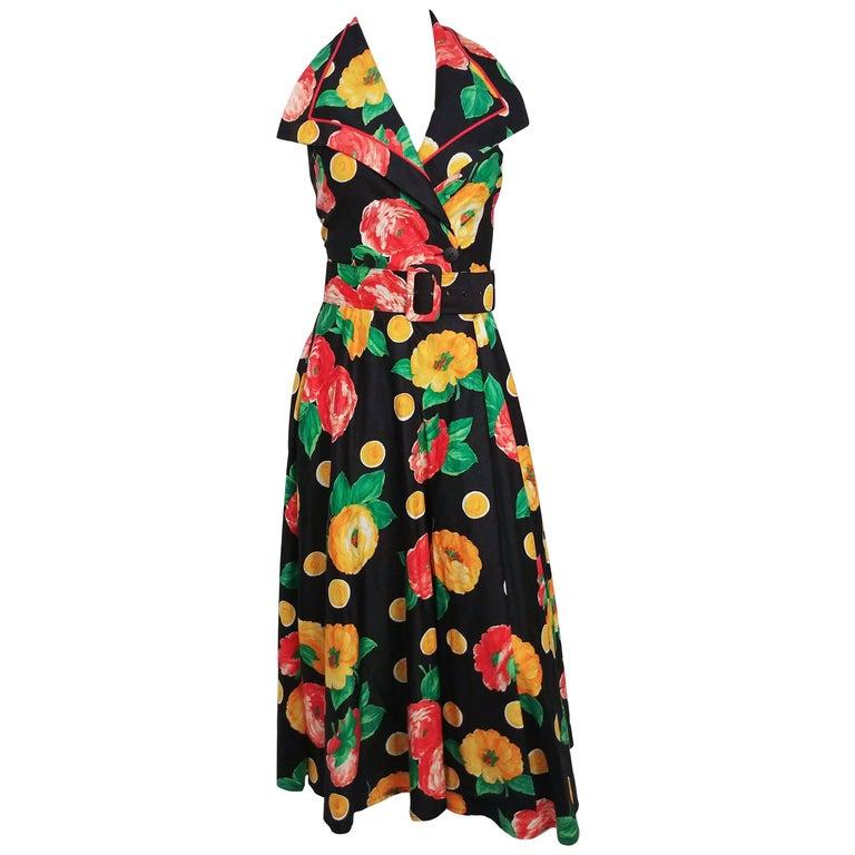 Black 1970s Tropical Print Halter Neck Maxi Dress For Sale